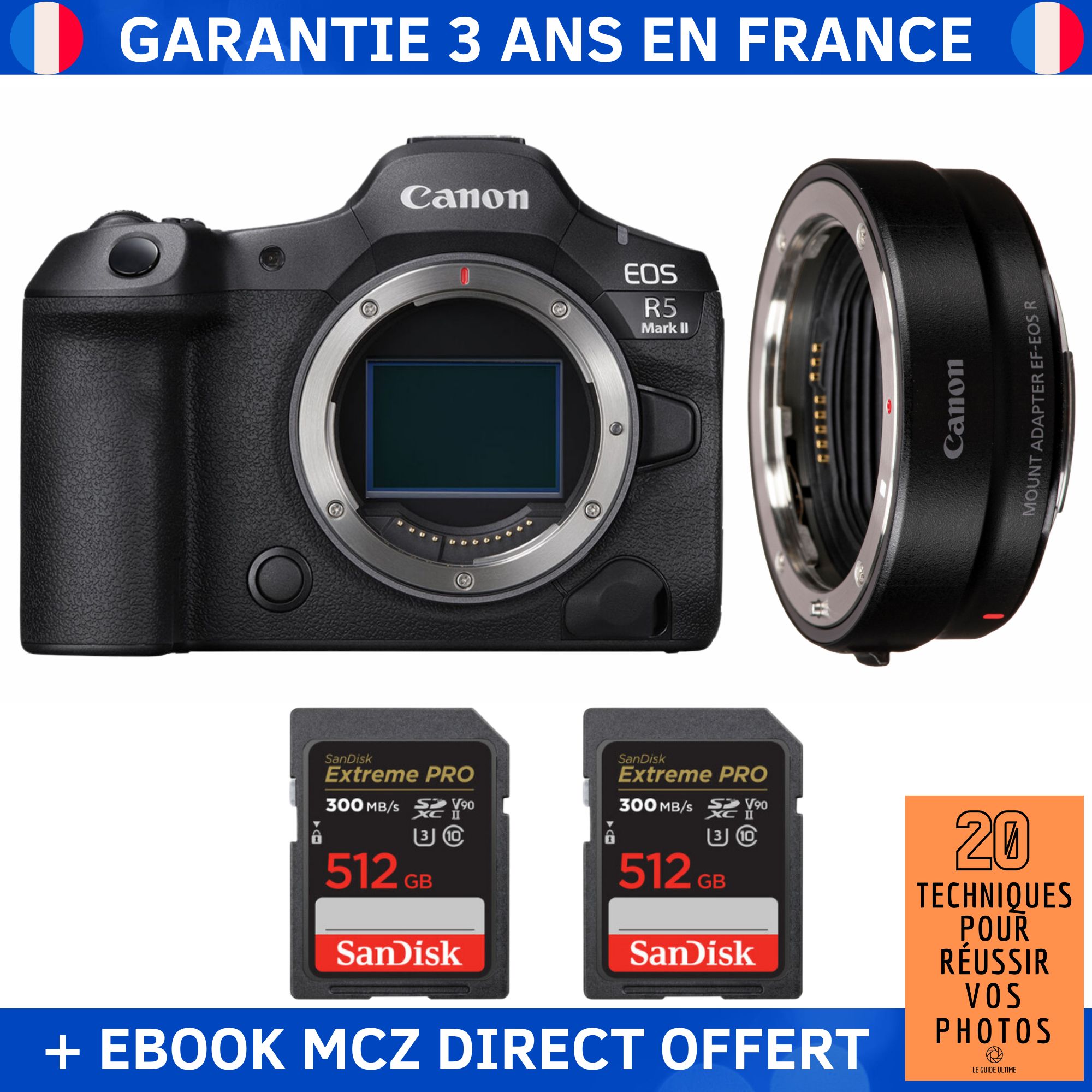 Canon EOS R5 Mark II + EF-EOS R Lens + 2 SanDisk 512GB Extreme PRO UHS-II SDXC Cards + '20 Techniques for Successful Photos' Ebook - Hybrid Camera