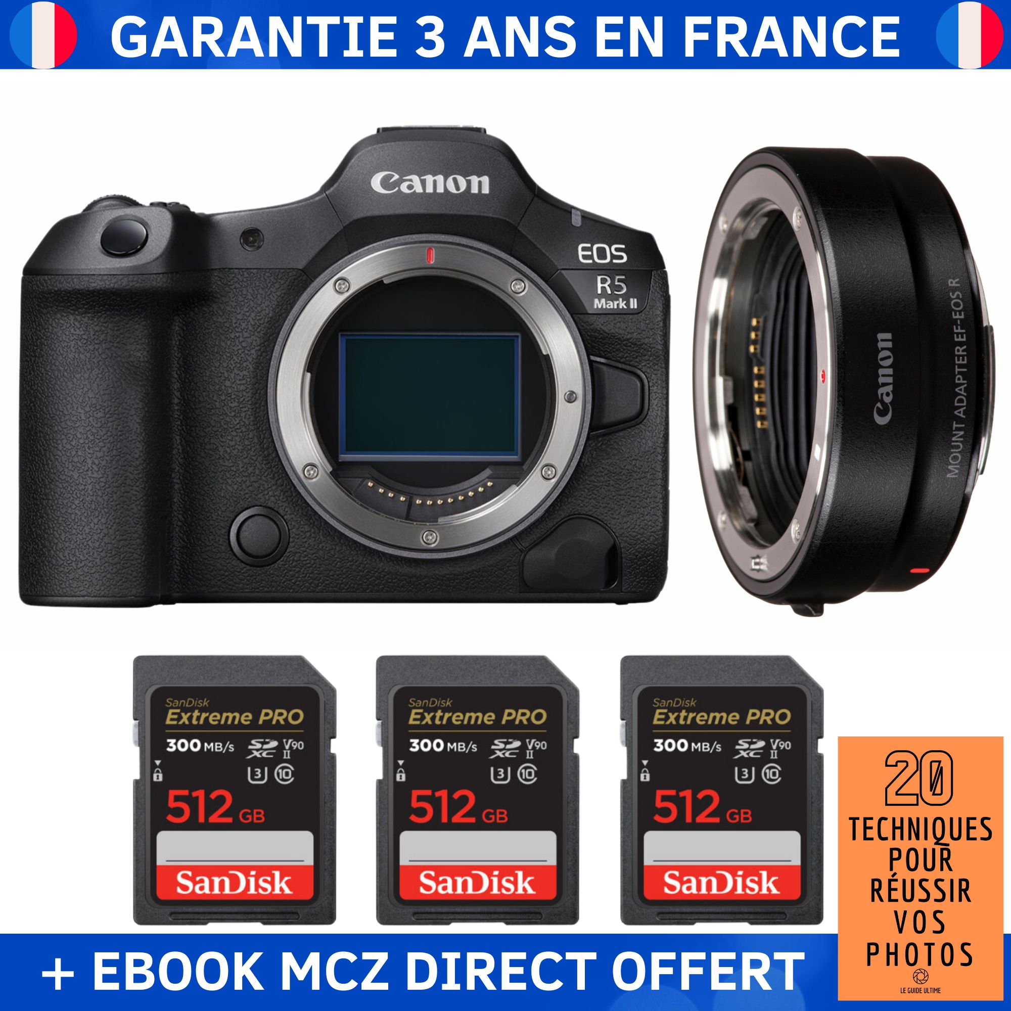Canon EOS R5 Mark II + Objectif EF-EOS R + 3 Cartes SD SanDisk 512Go Extreme PRO UHS-II + Ebook '20 Techniques pour Réussir vos Photos'