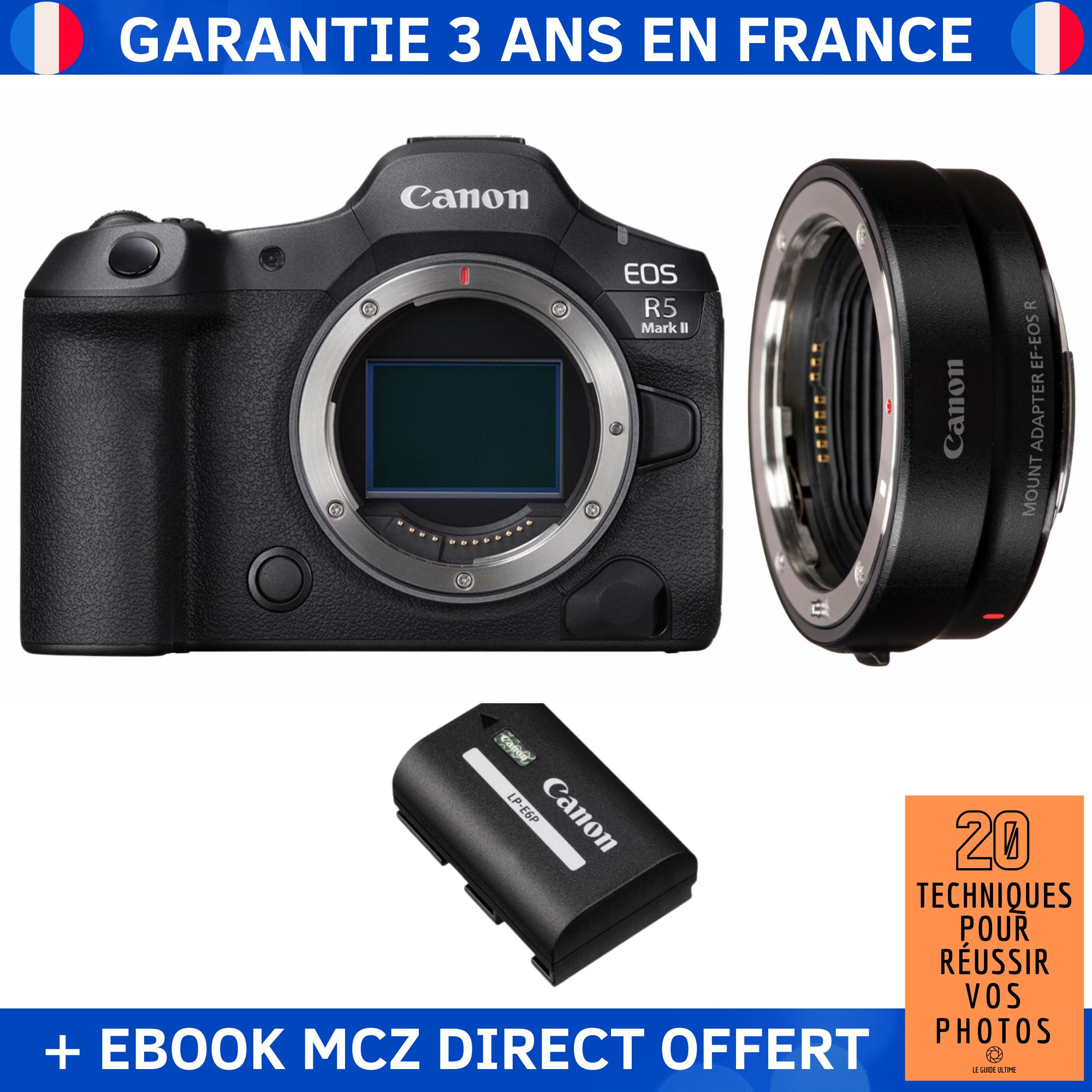 Canon EOS R5 Mark II + EF-EOS R + 1 LP-E6P Battery + '20 Techniques for Success in Photography' Ebook - Hybrid Camera