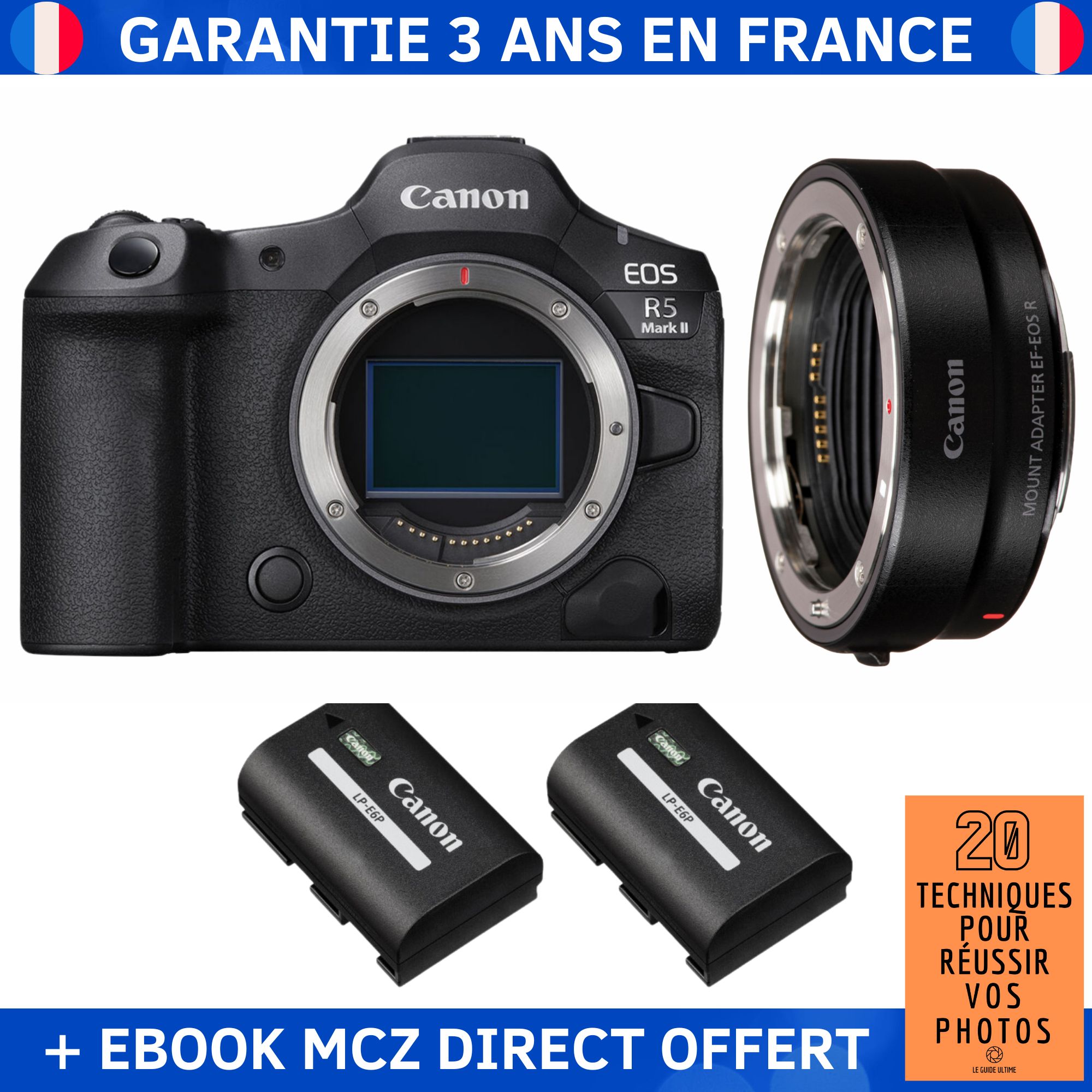 Canon EOS R5 Mark II + EF-EOS R + 2 LP-E6P Batteries + '20 Techniques for Successful Photos' Ebook - Hybrid Camera