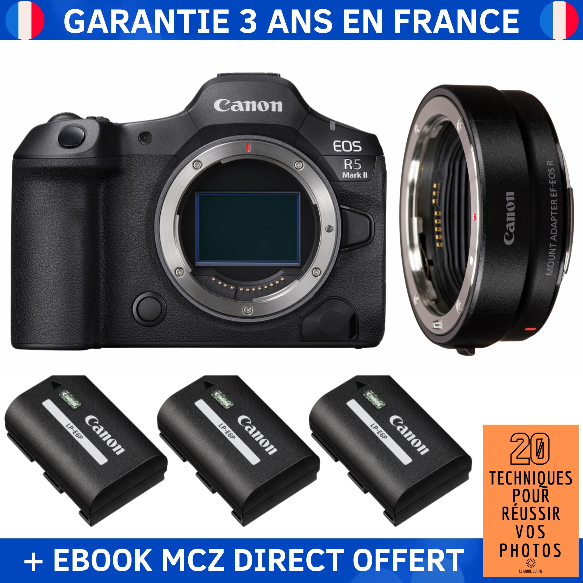 Canon EOS R5 Mark II + EF-EOS R + 3 Canon LP-E6P + Ebook '20 Techniques pour Réussir vos Photos' - Hybrid Camera