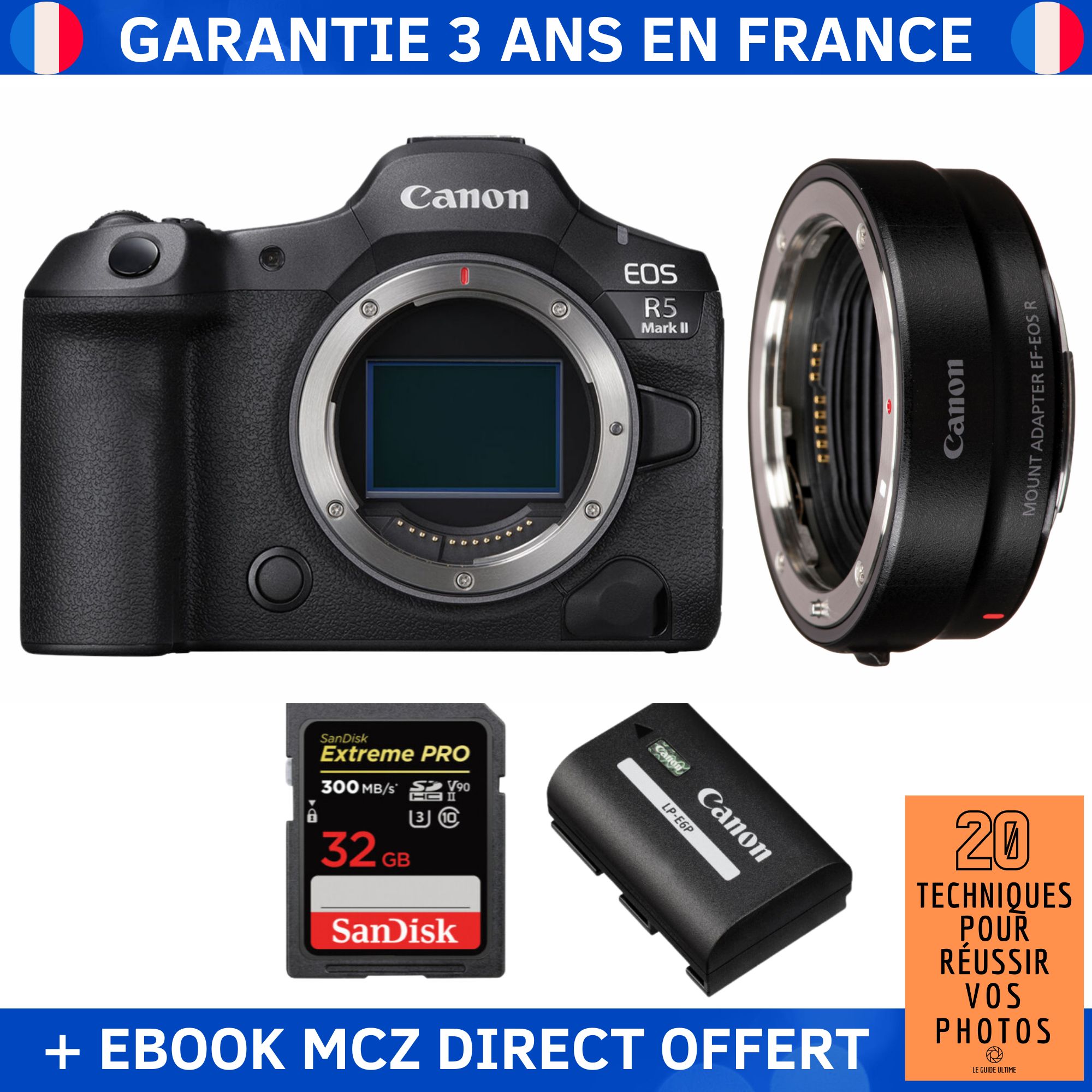 Canon EOS R5 Mark II + EF-EOS R Lens + 1 SanDisk 32GB Extreme PRO UHS-II SDXC Card + 1 Canon LP-E6P + '20 Techniques for Succeeding in Photography' Ebook - Hybrid Camera