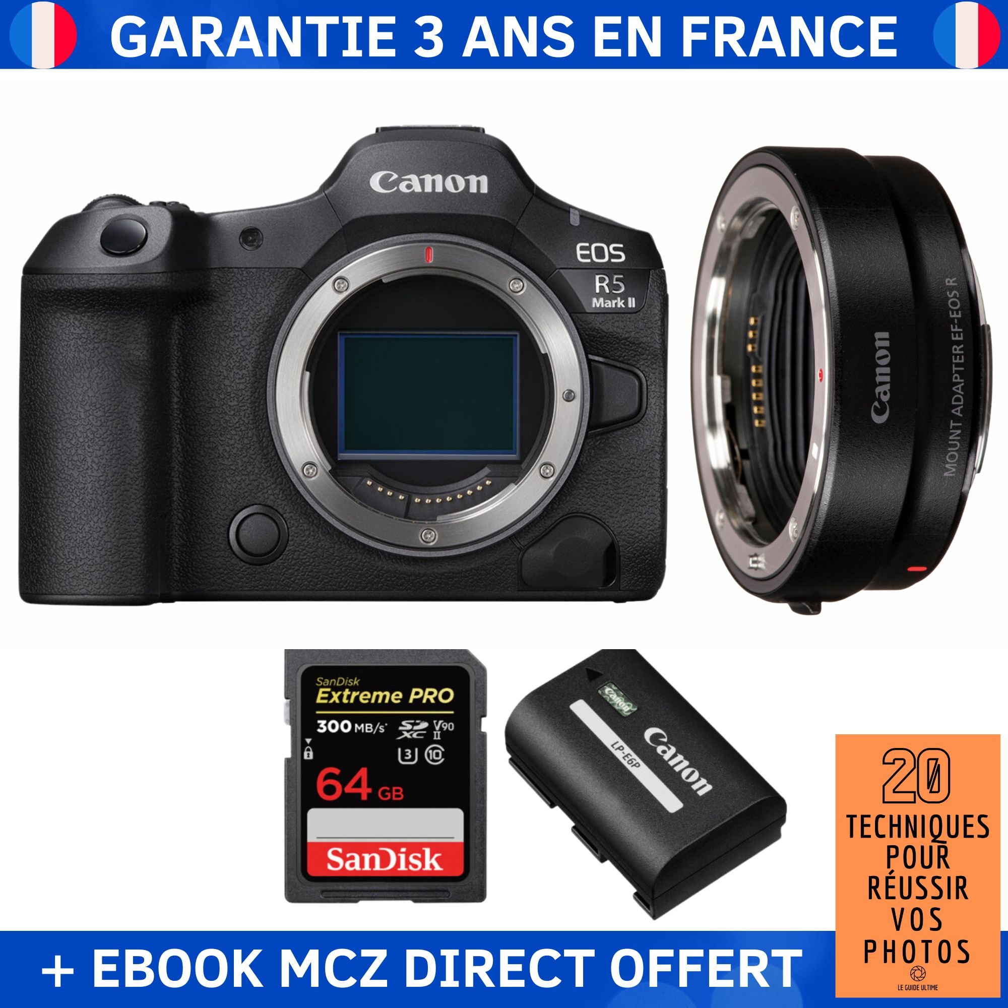 Canon EOS R5 Mark II + EF-EOS R Lens + 1 SanDisk 64GB Extreme PRO UHS-II SDXC Card + 1 Canon LP-E6P Battery + Ebook '20 Techniques for Successful Photos' - Hybrid Camera