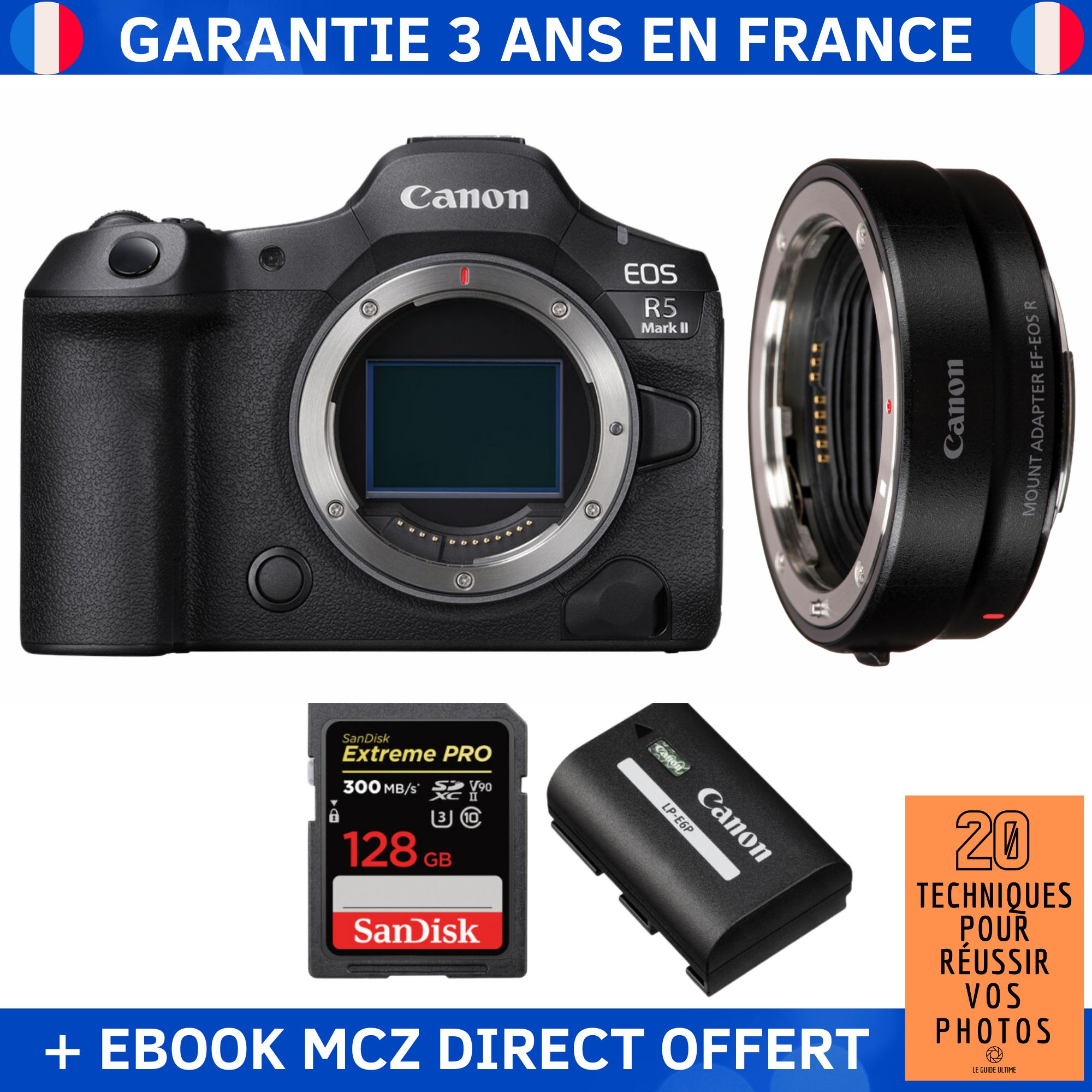 Canon EOS R5 Mark II + EF-EOS R Lens + 1 SanDisk 128GB Extreme PRO UHS-II SDXC Card + 1 Canon LP-E6P Battery + '20 Techniques pour Réussir vos Photos' Ebook - Hybrid Camera