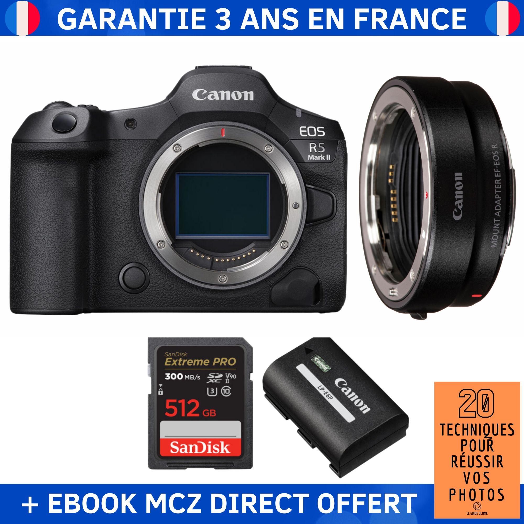 Canon EOS R5 Mark II + Lente EF-EOS R + 1 Tarjeta SanDisk 512GB Extreme PRO UHS-II SDXC 300 MB/s + 1 Batería Canon LP-E6P + Ebook '20 Técnicas para Tener Éxito en la Fotografía'