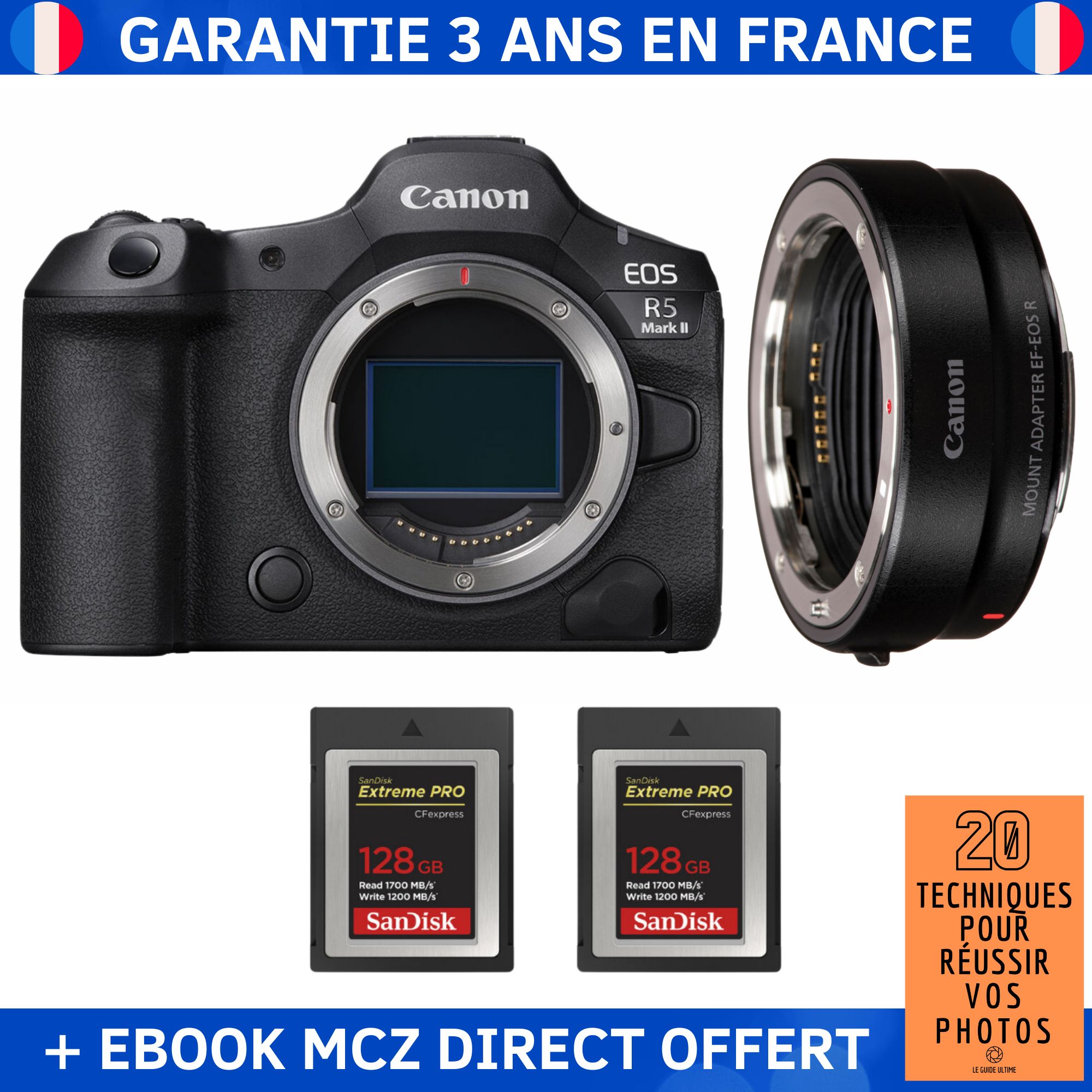 Canon EOS R5 Mark II + EF-EOS R Lens + 2 SanDisk 128GB Extreme PRO CFexpress Type B + '20 Techniques pour Réussir vos Photos' Ebook - Hybrid Camera