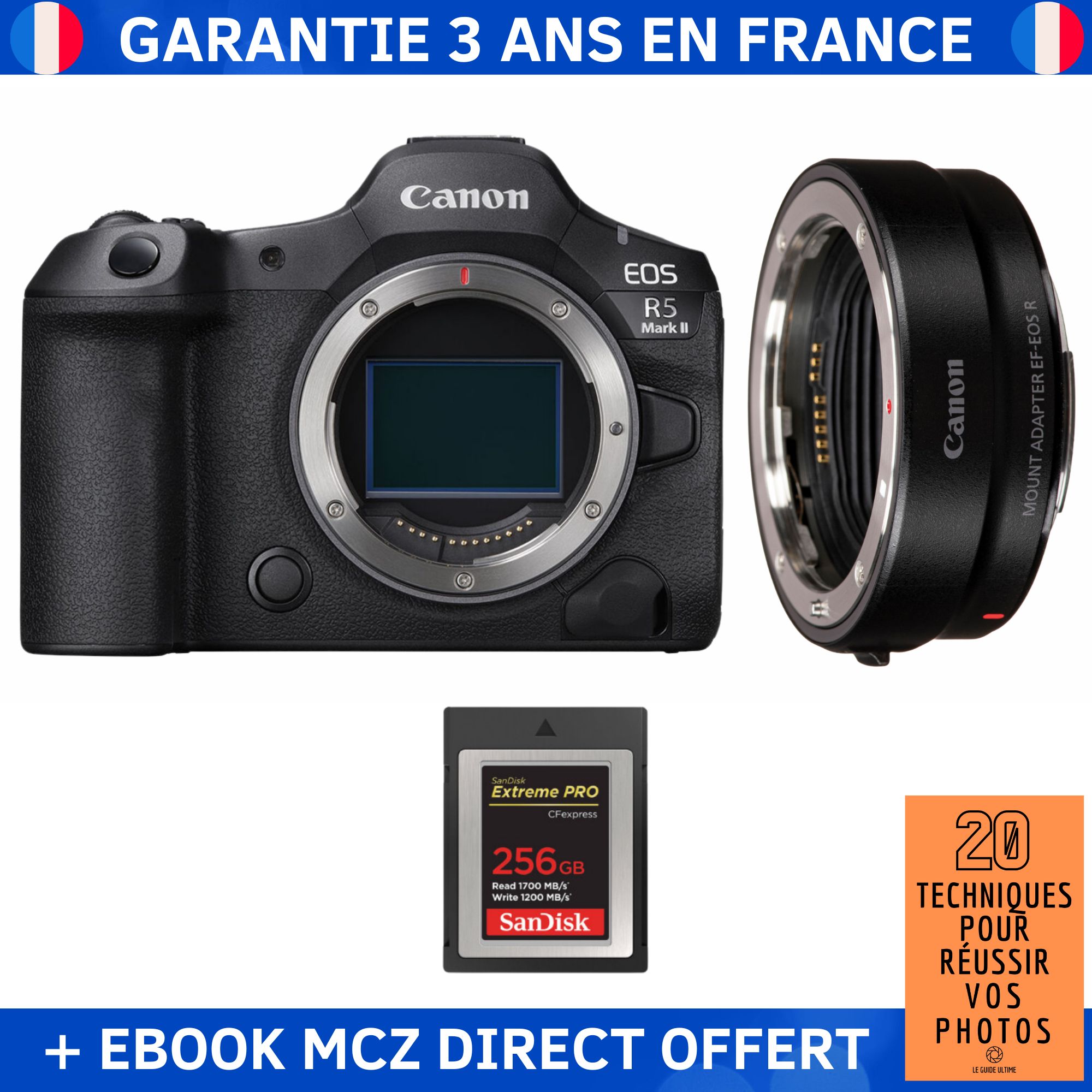 Canon EOS R5 Mark II + EF-EOS R + 1 SanDisk 256GB Extreme PRO CFexpress Type B + Ebook '20 Techniques pour Réussir vos Photos' - Hybrid Camera Canon