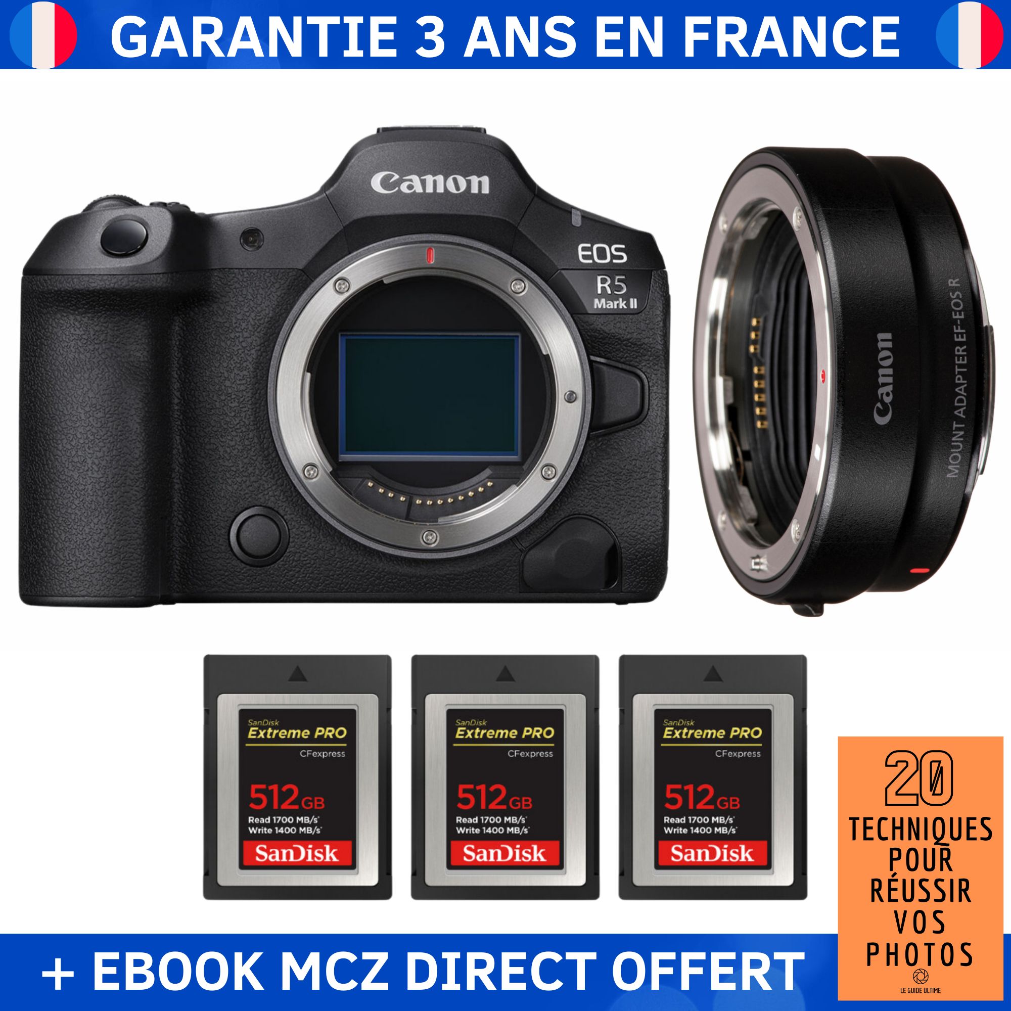 Canon EOS R5 Mark II + Objectif EF-EOS R + 3 Cartes SDXC SanDisk 512 Go Extreme PRO UHS-II + Ebook '20 Techniques pour Réussir vos Photos'