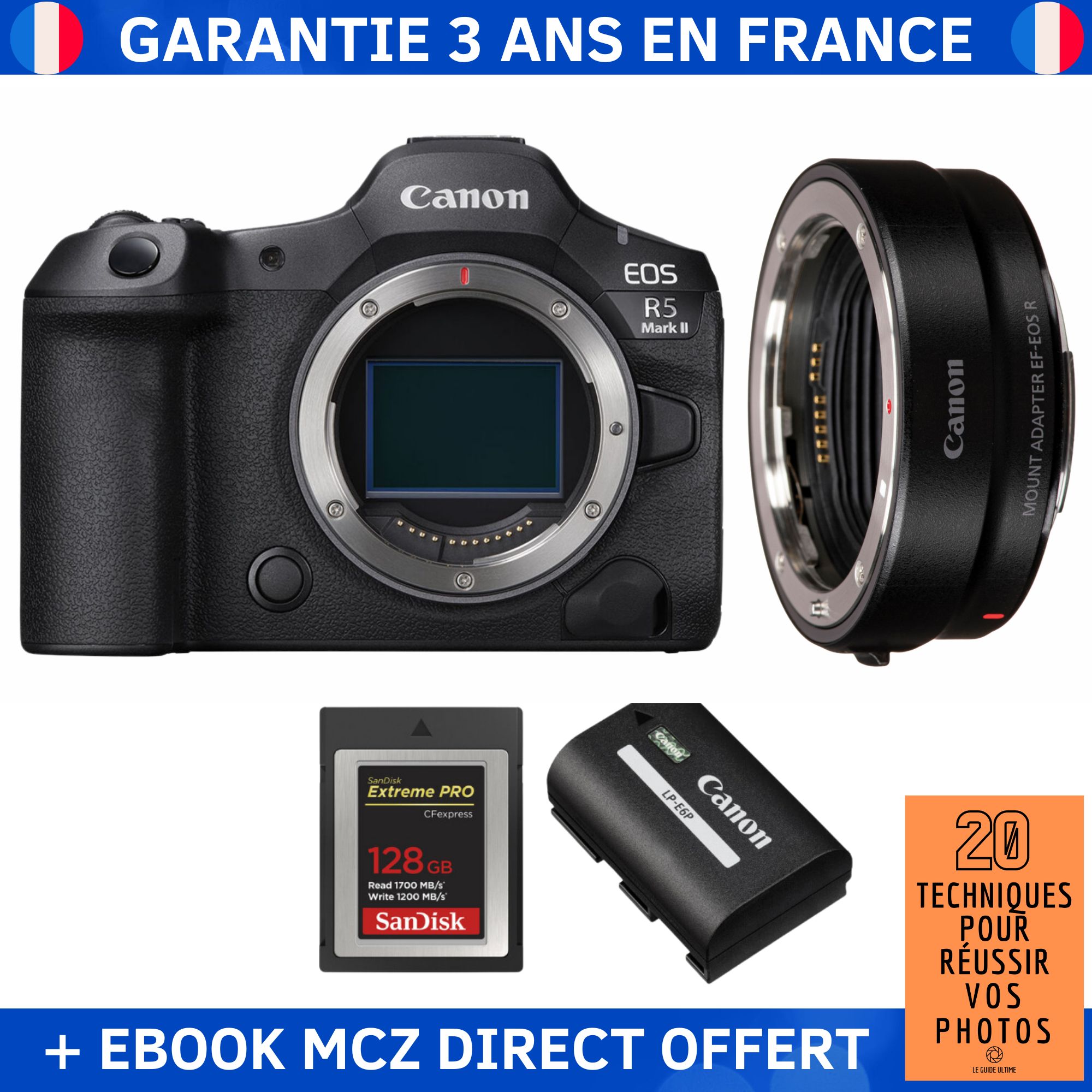 Canon EOS R5 Mark II + EF-EOS R + 1 SanDisk 128GB Extreme PRO CFexpress Type B + 1 Canon LP-E6P + Ebook '20 Techniques pour Réussir vos Photos' - Hybrid Camera
