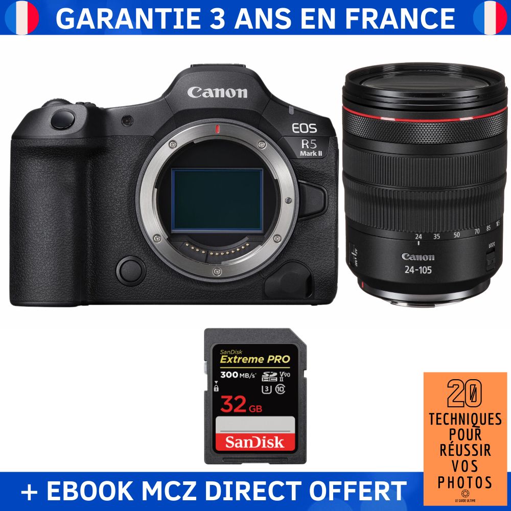 Canon EOS R5 Mark II + RF 24-105mm f/4 L IS USM + 1 SanDisk 32GB Extreme PRO UHS-II SDXC 300 MB/s + Ebook '20 Techniques pour Réussir vos Photos' - Hybrid Camera