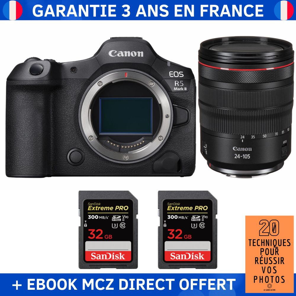 Canon EOS R5 Mark II + RF 24-105mm f/4 L IS USM + 2 SanDisk 32GB Extreme PRO UHS-II SDXC 300 MB/s + Ebook '20 Techniques pour Réussir vos Photos' - Hybrid Camera
