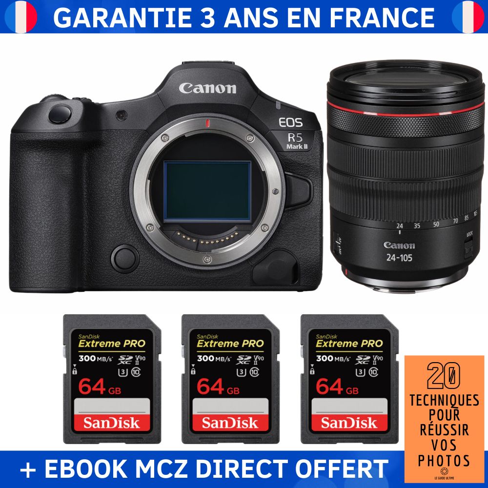 Canon EOS R5 Mark II + RF 24-105mm f/4 L IS USM + 3 SanDisk 64GB Extreme PRO UHS-II SDXC 300 MB/s + Ebook '20 Techniques pour Réussir vos Photos' - Hybrid Camera