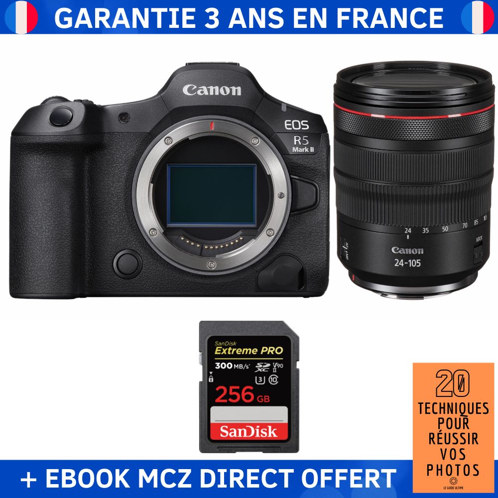 Canon EOS R5 Mark II + RF 24-105mm f/4 L IS USM + 1 SanDisk 256GB Extreme PRO UHS-II SDXC 300 MB/s + Ebook '20 Techniques pour Réussir vos Photos' - Hybrid Camera