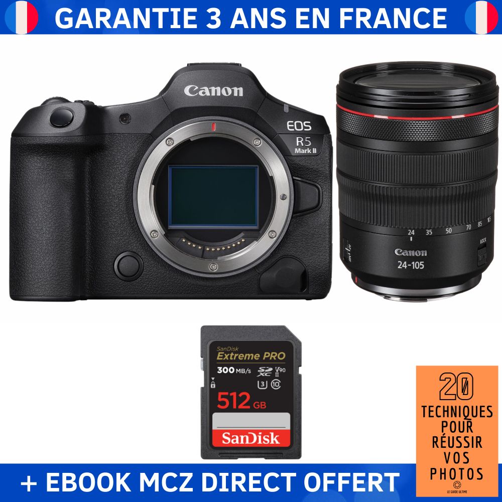 Canon EOS R5 Mark II + RF 24-105mm f/4 L IS USM + 1 SanDisk 512GB Extreme PRO UHS-II SDXC 300MB/s + Ebook '20 Techniques pour Réussir vos Photos' - Hybrid Camera