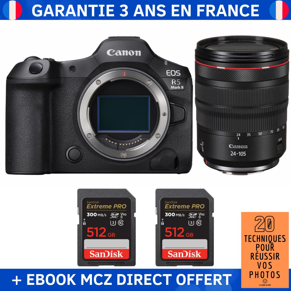 Canon EOS R5 Mark II + RF 24-105mm f/4 L IS USM + 2 SanDisk 512GB Extreme PRO UHS-II SDXC 300MB/s + Ebook '20 Techniques pour Réussir vos Photos' - Hybrid Camera