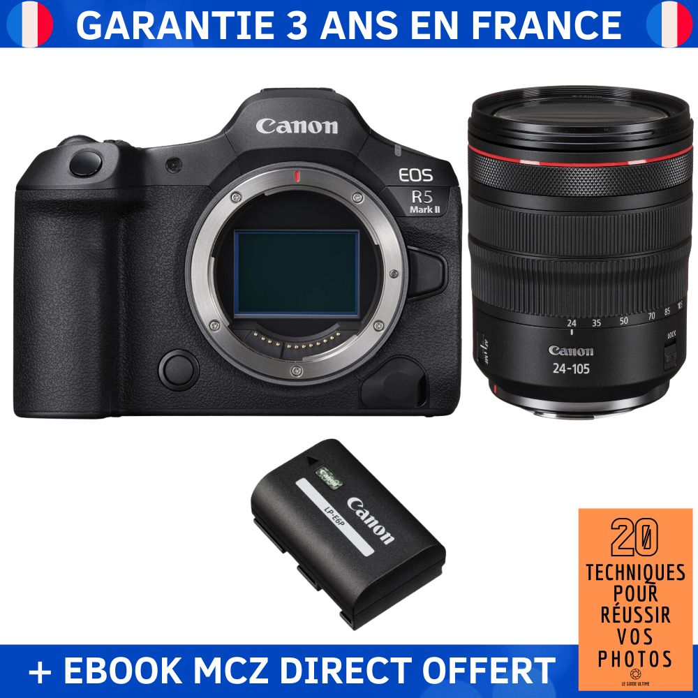 Canon EOS R5 Mark II + RF 24-105mm f/4 L IS USM + 1 Canon LP-E6P + Ebook '20 Techniques pour Réussir vos Photos' - Hybrid Camera