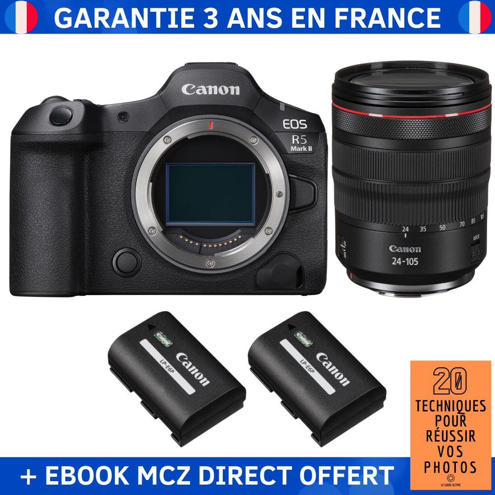 Canon EOS R5 Mark II + RF 24-105mm f/4 L IS USM + 2 Canon LP-E6P + Ebook '20 Techniques pour Réussir vos Photos' - Hybrid Camera