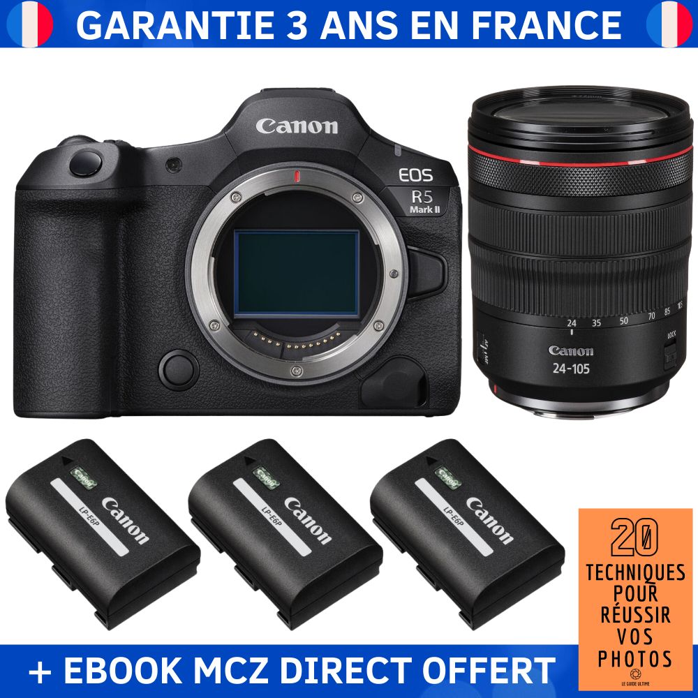 Canon EOS R5 Mark II + RF 24-105mm f/4 L IS USM + 3 Canon LP-E6P + Ebook '20 Techniques pour Réussir vos Photos' - Hybrid Camera