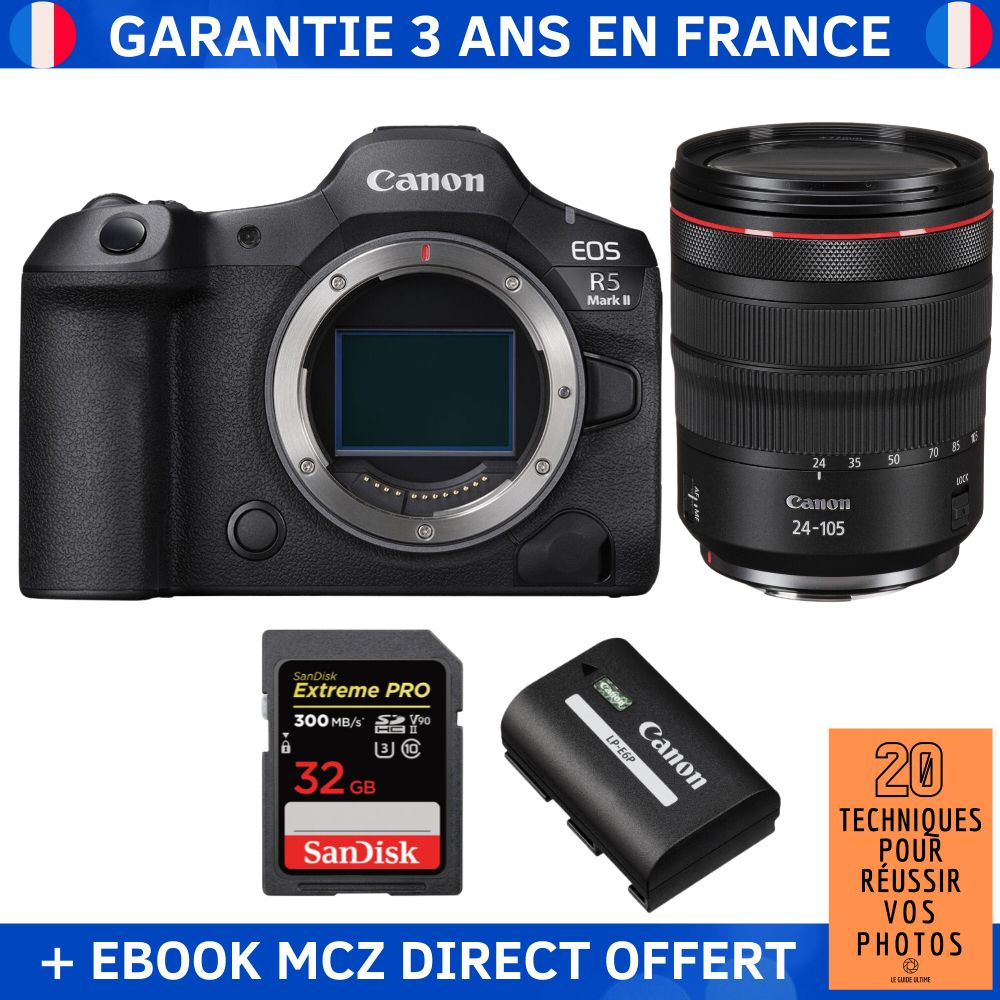 Canon EOS R5 Mark II + RF 24-105mm f/4 L IS USM + 1 SanDisk 32GB Extreme PRO UHS-II SDXC 300MB/s + 1 Canon LP-E6P + Ebook '20 Techniques pour Réussir vos Photos' - Hybrid Camera