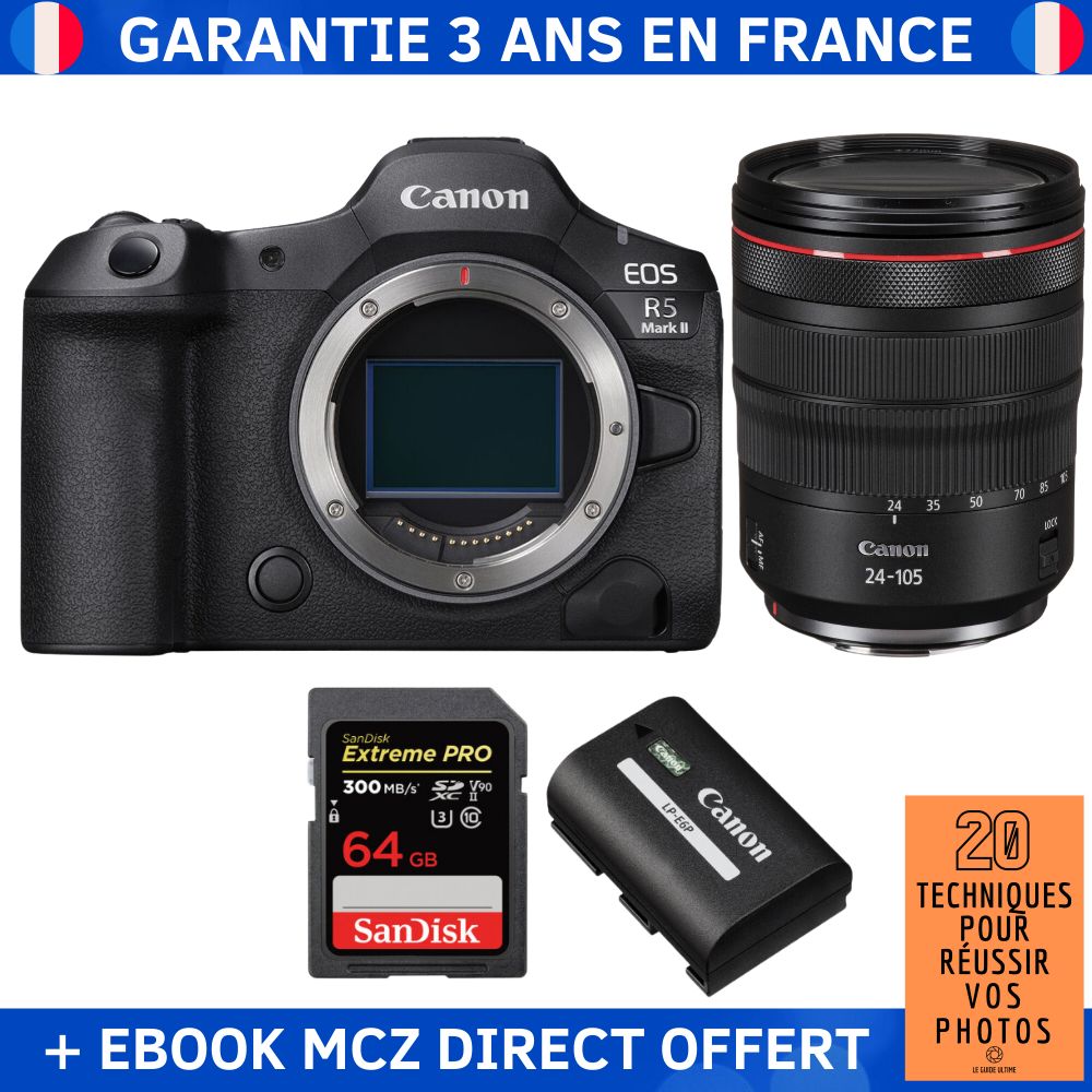 Canon EOS R5 Mark II + RF 24-105mm f/4 L IS USM + 1 SanDisk 64GB Extreme PRO UHS-II SDXC 300 MB/s + 1 Canon LP-E6P + Ebook '20 Techniques pour Réussir vos Photos' - Hybrid Camera