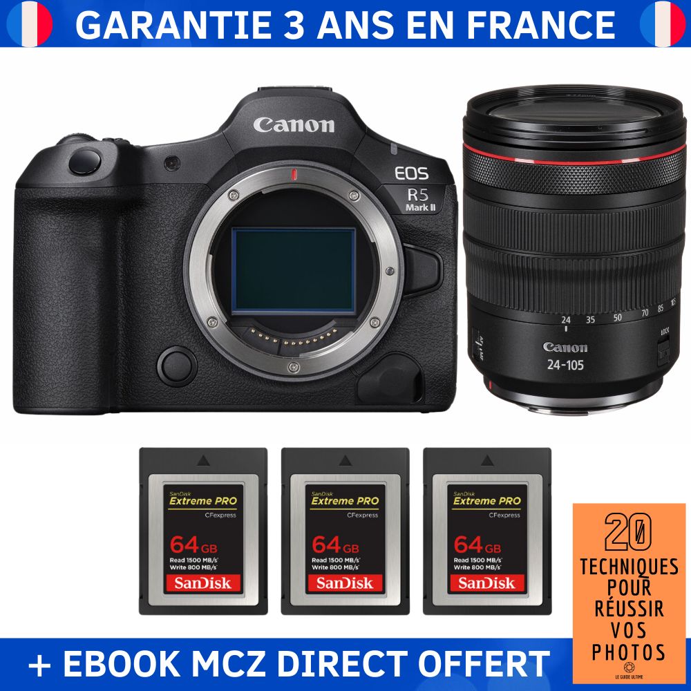 Canon EOS R5 Mark II + RF 24-105mm f/4 L IS USM + 3 SanDisk 64GB Extreme PRO CFexpress Type B + Ebook '20 Techniques pour Réussir vos Photos' - Hybrid Camera