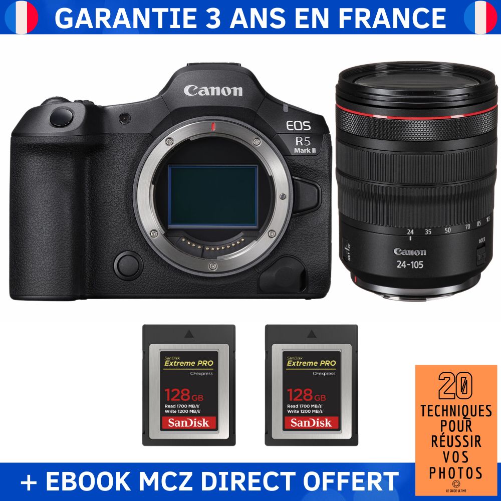 Canon EOS R5 Mark II + RF 24-105mm f/4 L IS USM + 2 SanDisk 128GB Extreme PRO CFexpress Type B + Ebook '20 Techniques pour Réussir vos Photos' - Hybrid Camera