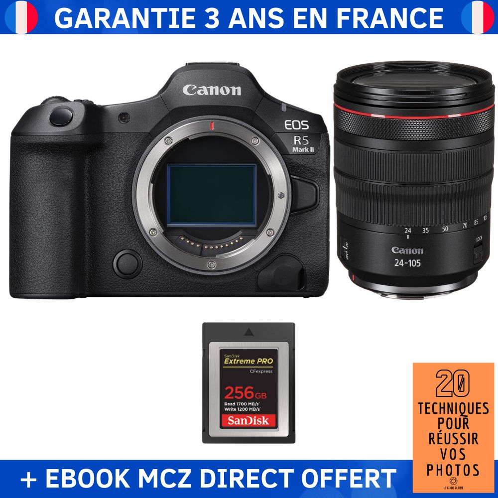 Canon EOS R5 Mark II + RF 24-105mm f/4 L IS USM + 1 SanDisk 256GB Extreme PRO CFexpress Type B + Ebook '20 Techniques pour Réussir vos Photos' - Hybrid Camera Canon