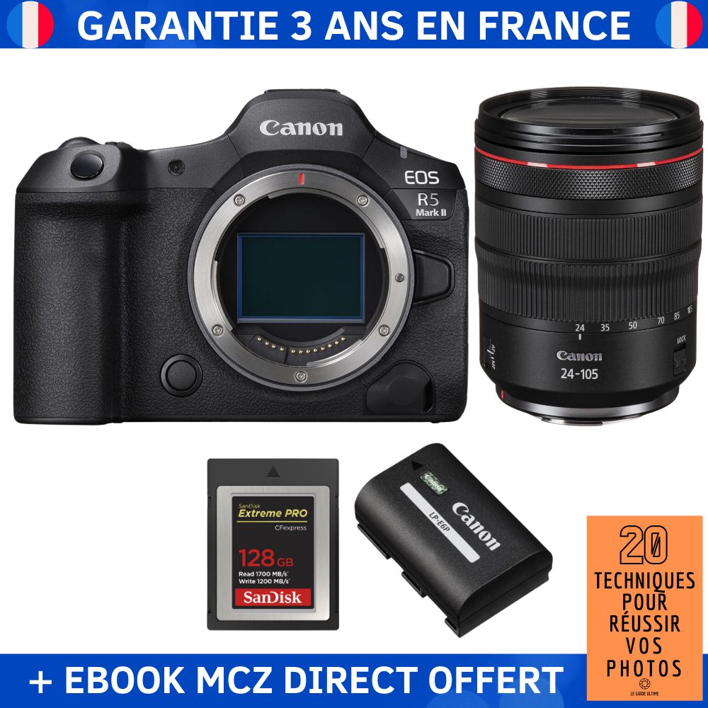 Canon EOS R5 Mark II + RF 24-105mm f/4 L IS USM + 1 SanDisk 128GB Extreme PRO CFexpress Type B + 1 Canon LP-E6P + Ebook '20 Techniques pour Réussir vos Photos' - Hybrid Camera
