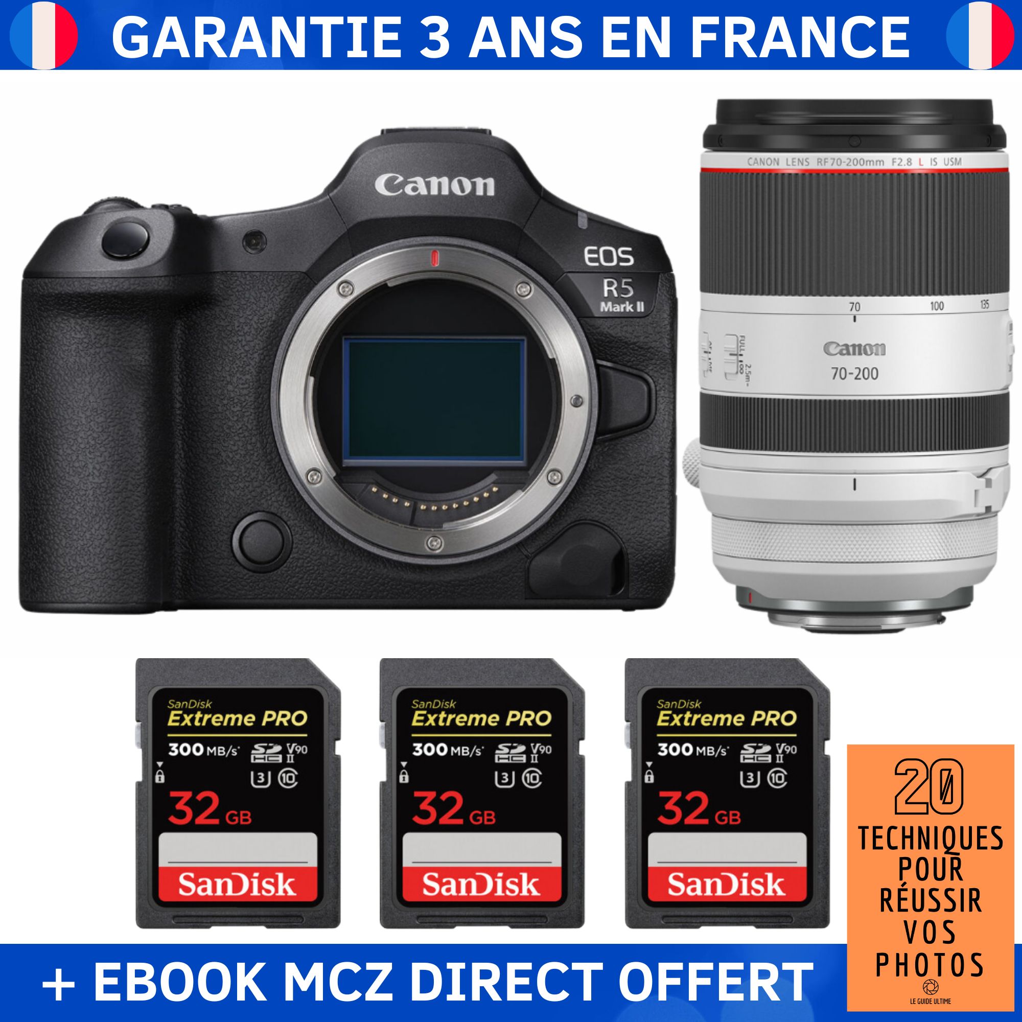 Canon EOS R5 Mark II + RF 70-200mm f/2.8 L IS USM + 3 SanDisk 32GB Extreme PRO UHS-II SDXC 300MB/s + Ebook '20 Techniques pour Réussir vos Photos' - Hybrid Camera
