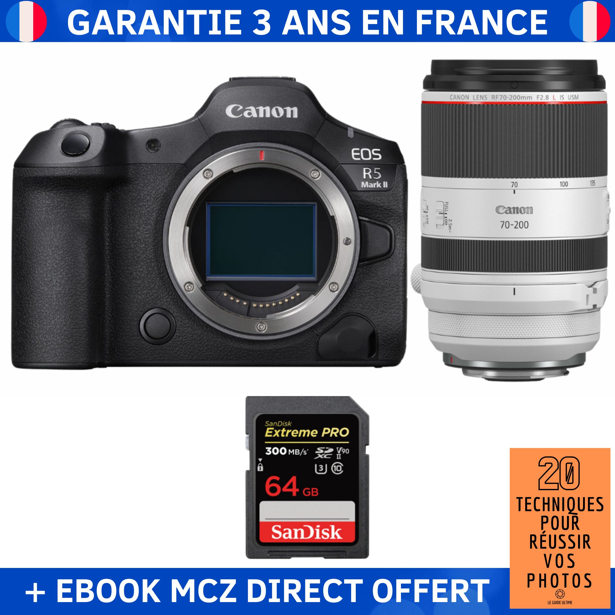 Canon EOS R5 Mark II + RF 70-200mm f/2.8 L IS USM + 1 SanDisk 64GB Extreme PRO UHS-II SDXC 300 MB/s + Ebook '20 Techniques pour Réussir vos Photos' - Hybrid Camera