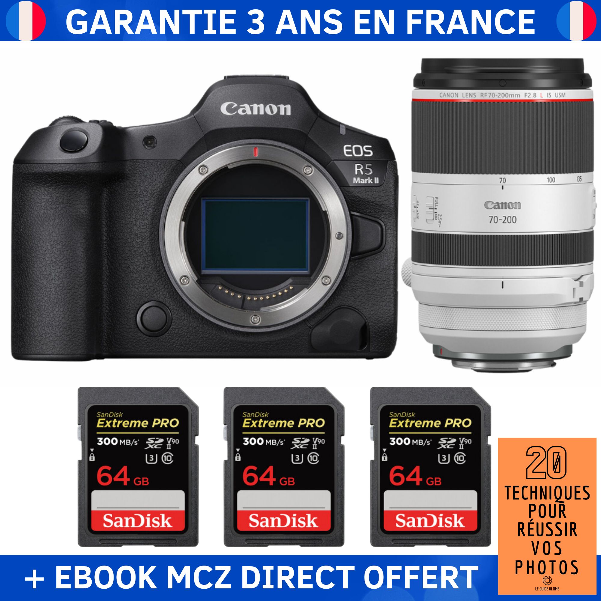 Canon EOS R5 Mark II + RF 70-200mm f/2.8 L IS USM + 3 SanDisk 64GB Extreme PRO UHS-II SDXC 300MB/s + Ebook '20 Techniques pour Réussir vos Photos' - Hybrid Camera