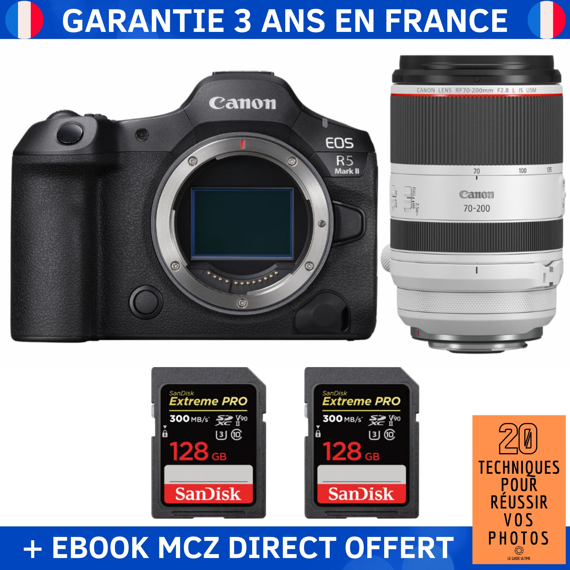Canon EOS R5 Mark II + RF 70-200mm f/2.8 L IS USM Lens + 2x 128GB SanDisk Extreme PRO UHS-II SDXC Cards + '20 Techniques for Succeeding in Photography' Ebook - Hybrid Camera