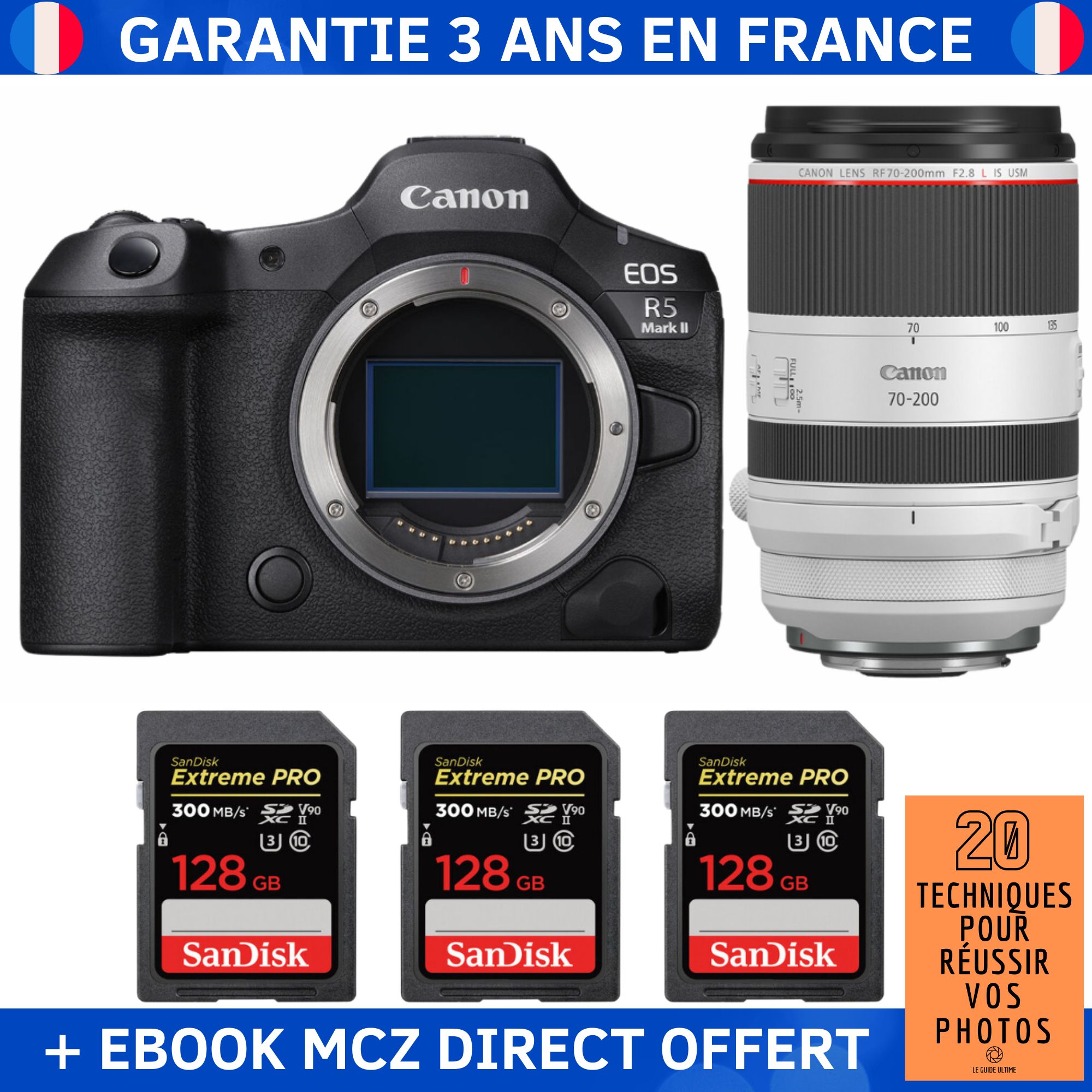 Canon EOS R5 Mark II + RF 70-200mm f/2.8 L IS USM + 3 SanDisk 128GB Extreme PRO UHS-II SDXC 300 MB/s + Ebook '20 Techniques pour Réussir vos Photos' - Hybrid Camera