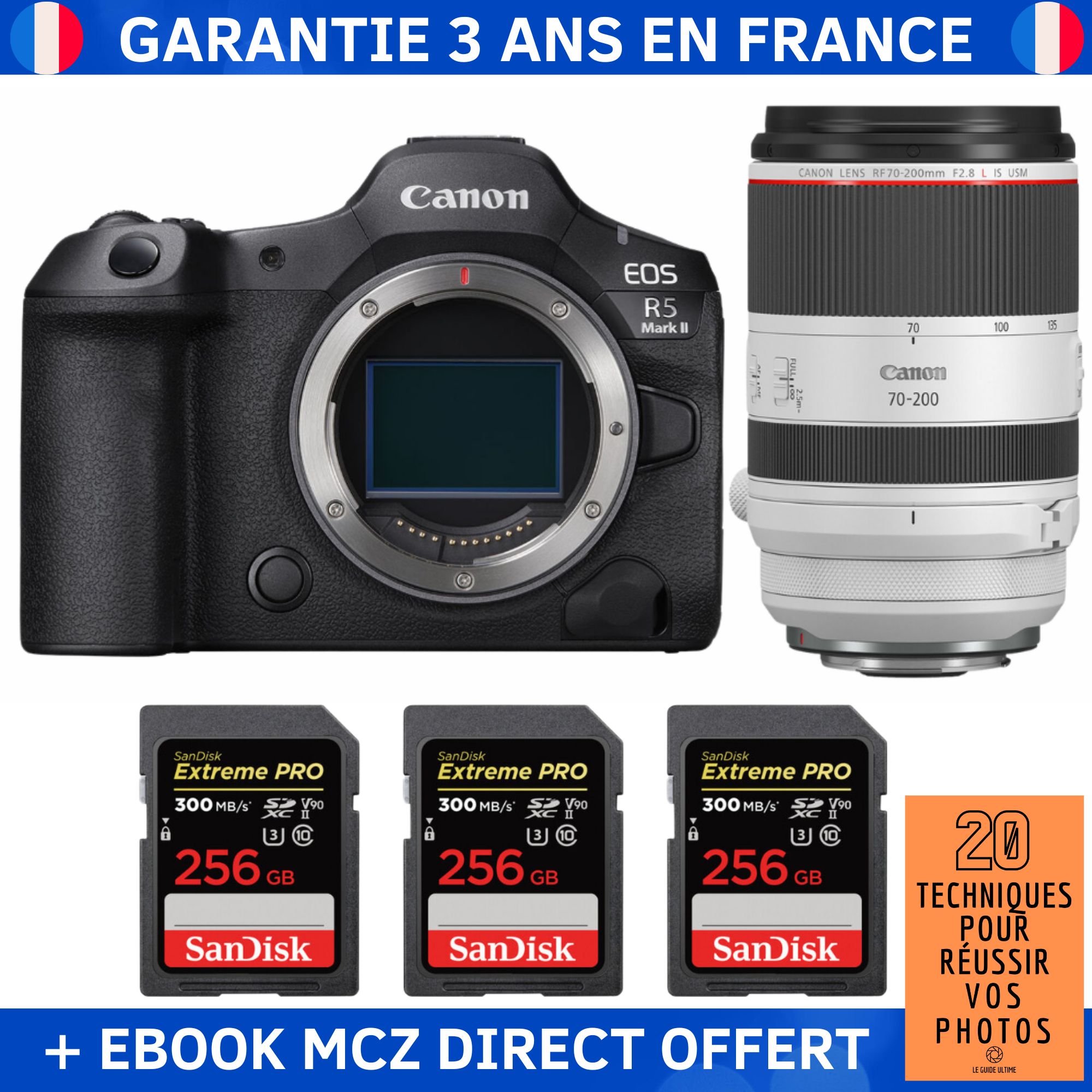 Canon EOS R5 Mark II + RF 70-200mm f/2.8 L IS USM + 3 SanDisk 256GB Extreme PRO UHS-II SDXC 300 MB/s + Ebook '20 Techniques pour Réussir vos Photos' - Hybrid Camera