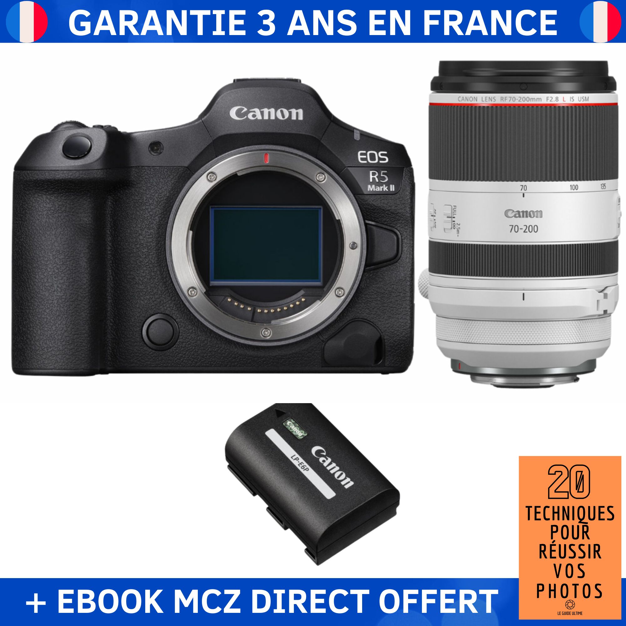 Canon EOS R5 Mark II + RF 70-200mm f/2.8 L IS USM + 1 Canon LP-E6P + Ebook '20 Techniques pour Réussir vos Photos' - Hybrid Camera