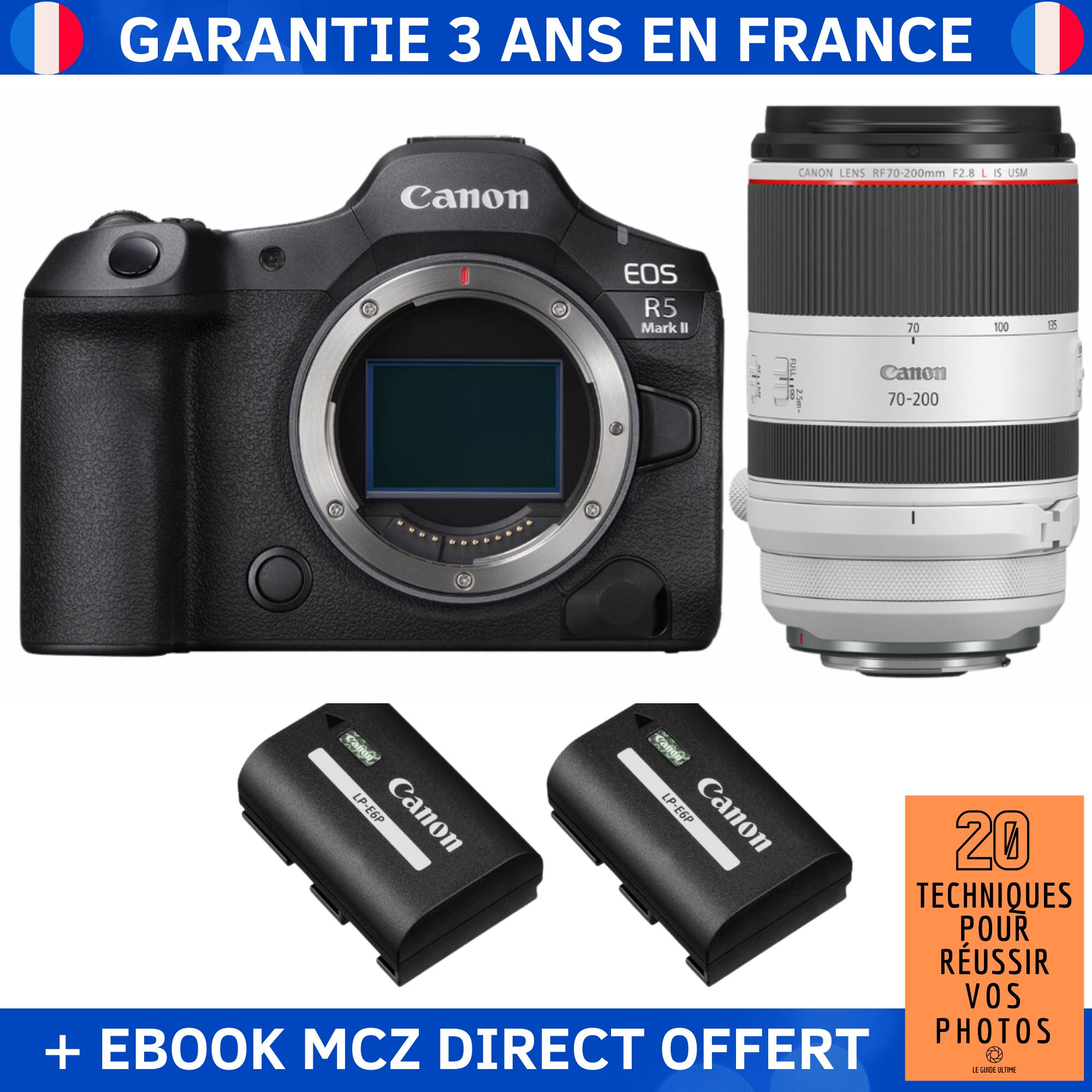 Canon EOS R5 Mark II + RF 70-200mm f/2.8 L IS USM + 2 Canon LP-E6P + Ebook '20 Techniques pour Réussir vos Photos' - Hybrid Camera