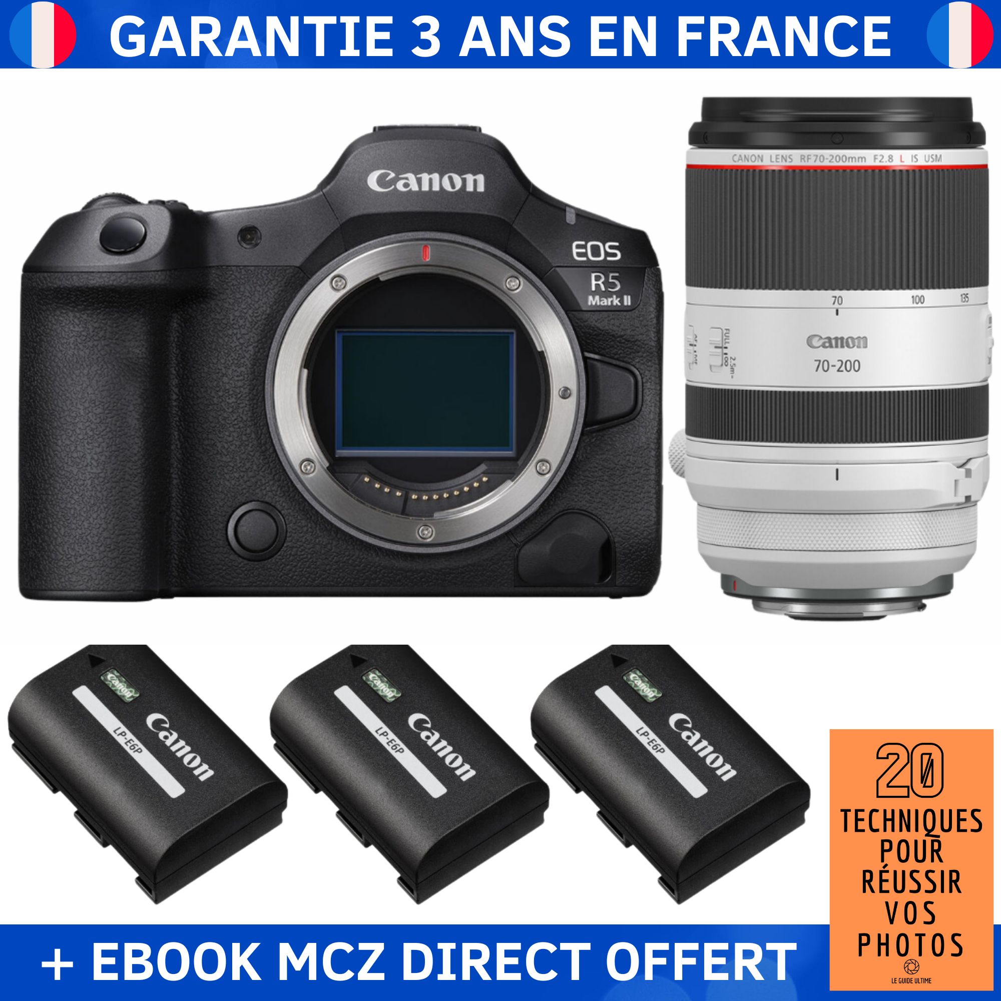 Canon EOS R5 Mark II + RF 70-200mm f/2.8 L IS USM + 3 Canon LP-E6P + Ebook '20 Techniques pour Réussir vos Photos' - Hybrid Camera