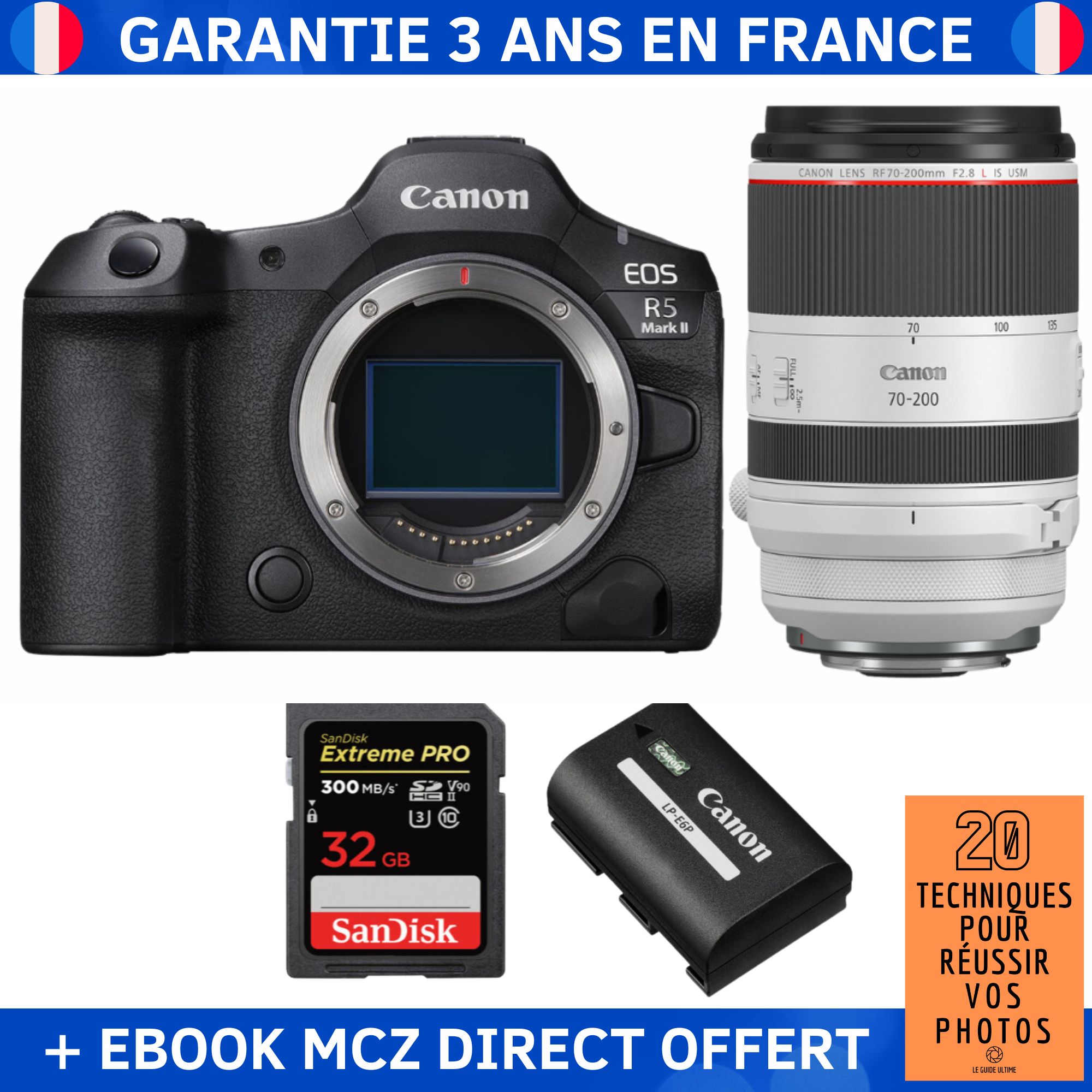 Canon EOS R5 Mark II + RF 70-200mm f/2.8 L IS USM + 1 SanDisk 32GB Extreme PRO UHS-II SDXC 300MB/s + 1 Canon LP-E6P + Ebook '20 Techniques pour Réussir vos Photos' - Hybrid Camera