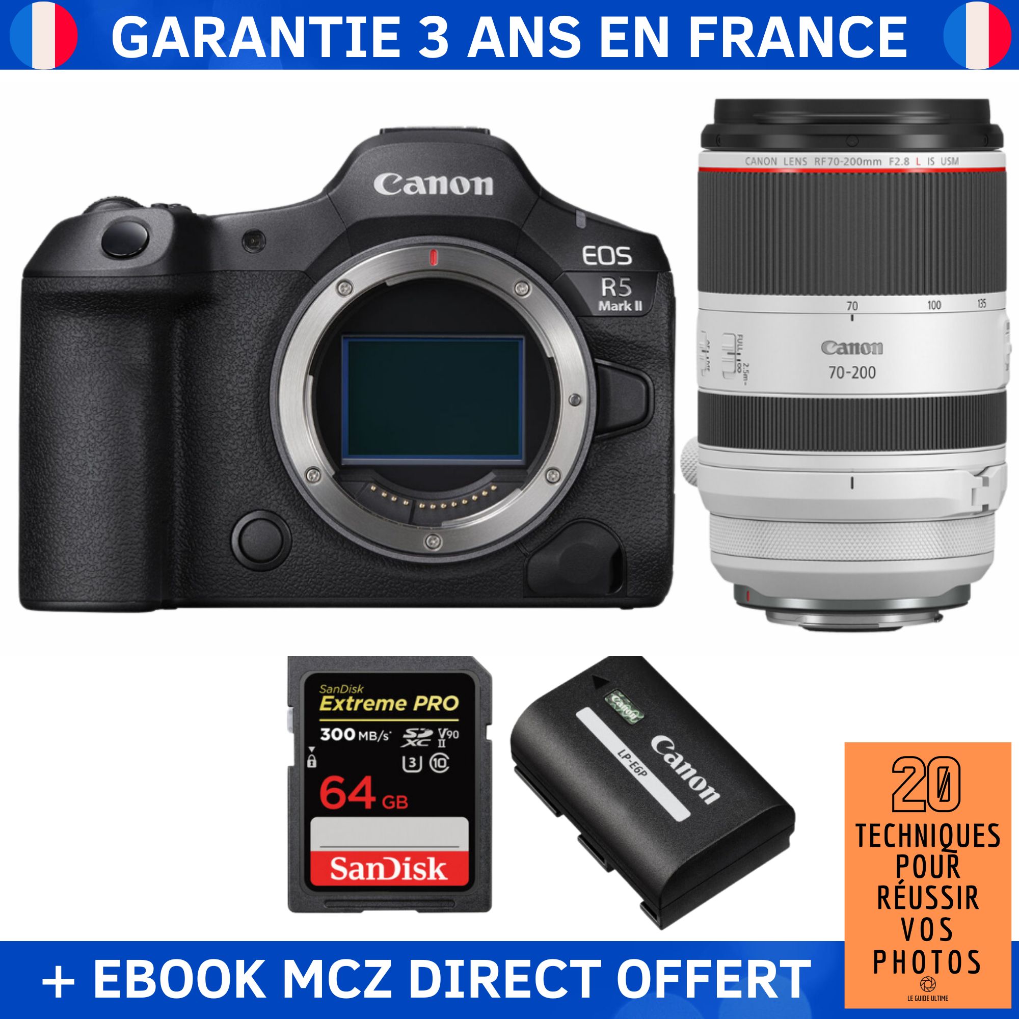 Canon EOS R5 Mark II + RF 70-200mm f/2.8 L IS USM + 1 SanDisk 64GB Extreme PRO UHS-II SDXC 300 MB/s + 1 Canon LP-E6P + Ebook '20 Techniques pour Réussir vos Photos' - Hybrid Camera