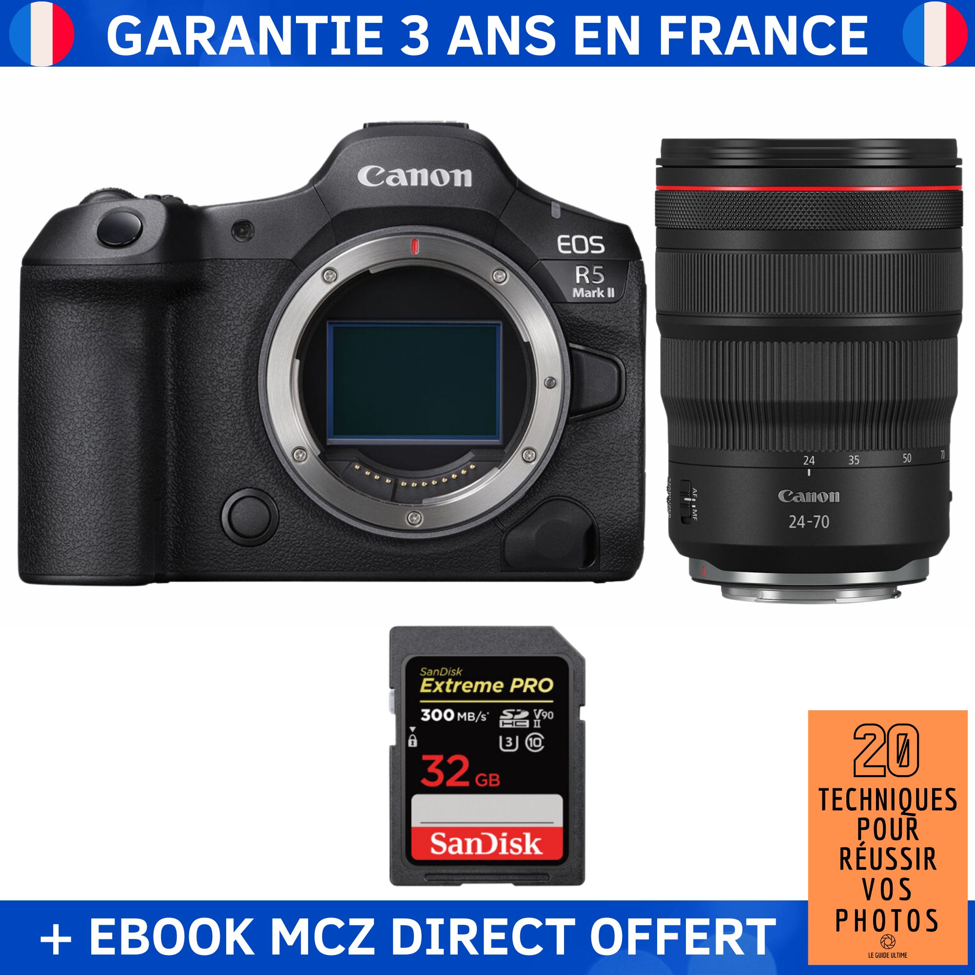 Canon EOS R5 Mark II + RF 24-70mm f/2.8 L IS USM + 1 SanDisk 32GB Extreme PRO UHS-II SDXC 300 MB/s + Ebook '20 Techniques pour Réussir vos Photos' - Hybrid Camera