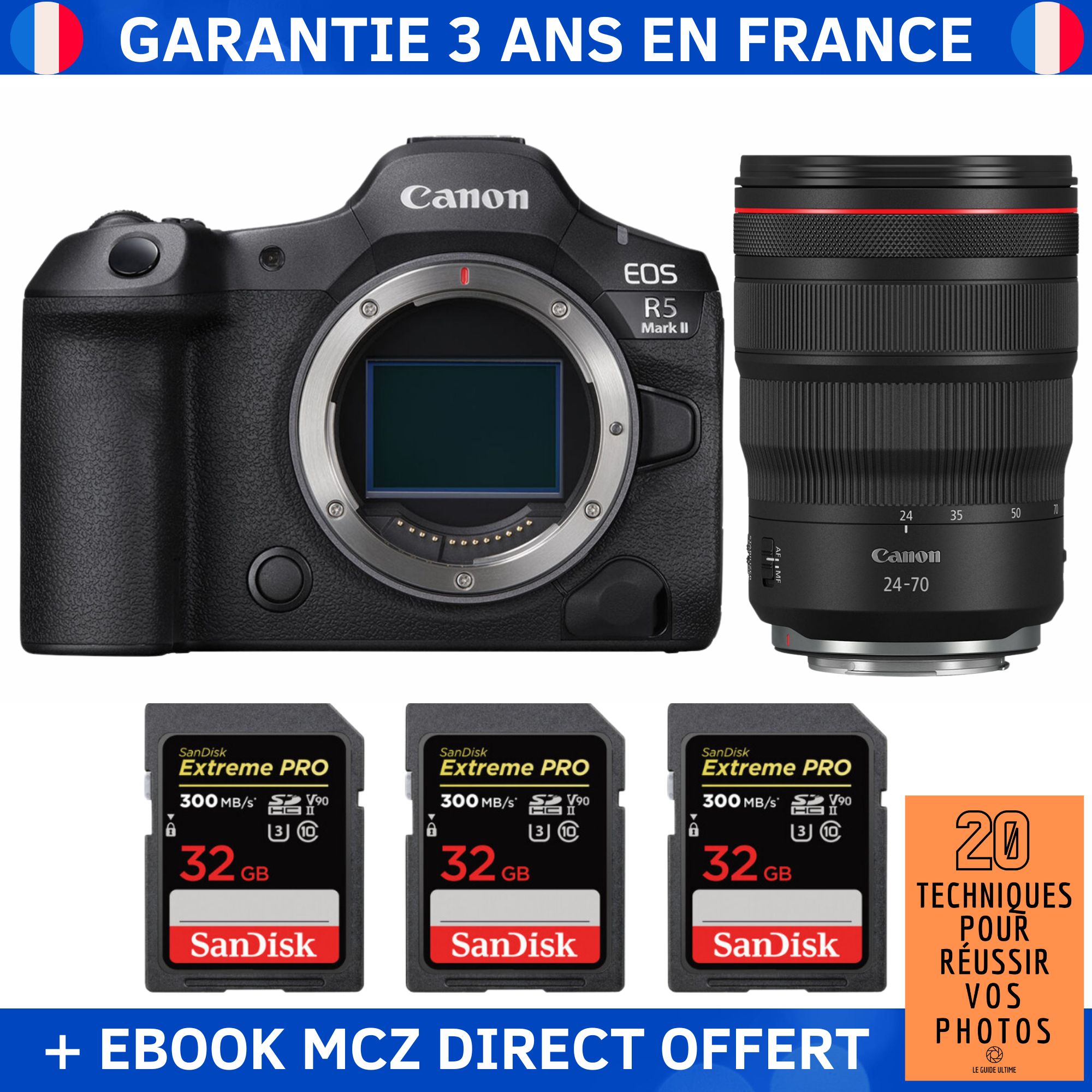 Canon EOS R5 Mark II + RF 24-70mm f/2.8 L IS USM Lens + 3 SanDisk 32GB Extreme PRO UHS-II SDXC Cards + '20 Techniques for Succeeding in Photography' Ebook - Hybrid Camera