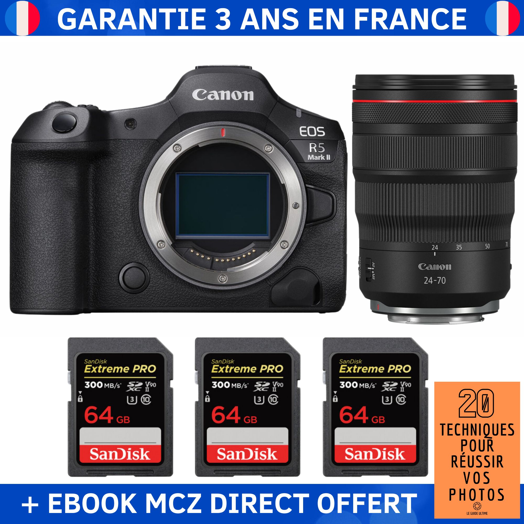 Canon EOS R5 Mark II + RF 24-70mm f/2.8 L IS USM + 3 SanDisk 64GB Extreme PRO UHS-II SDXC 300 MB/s + Ebook '20 Techniques pour Réussir vos Photos' - Hybrid Camera