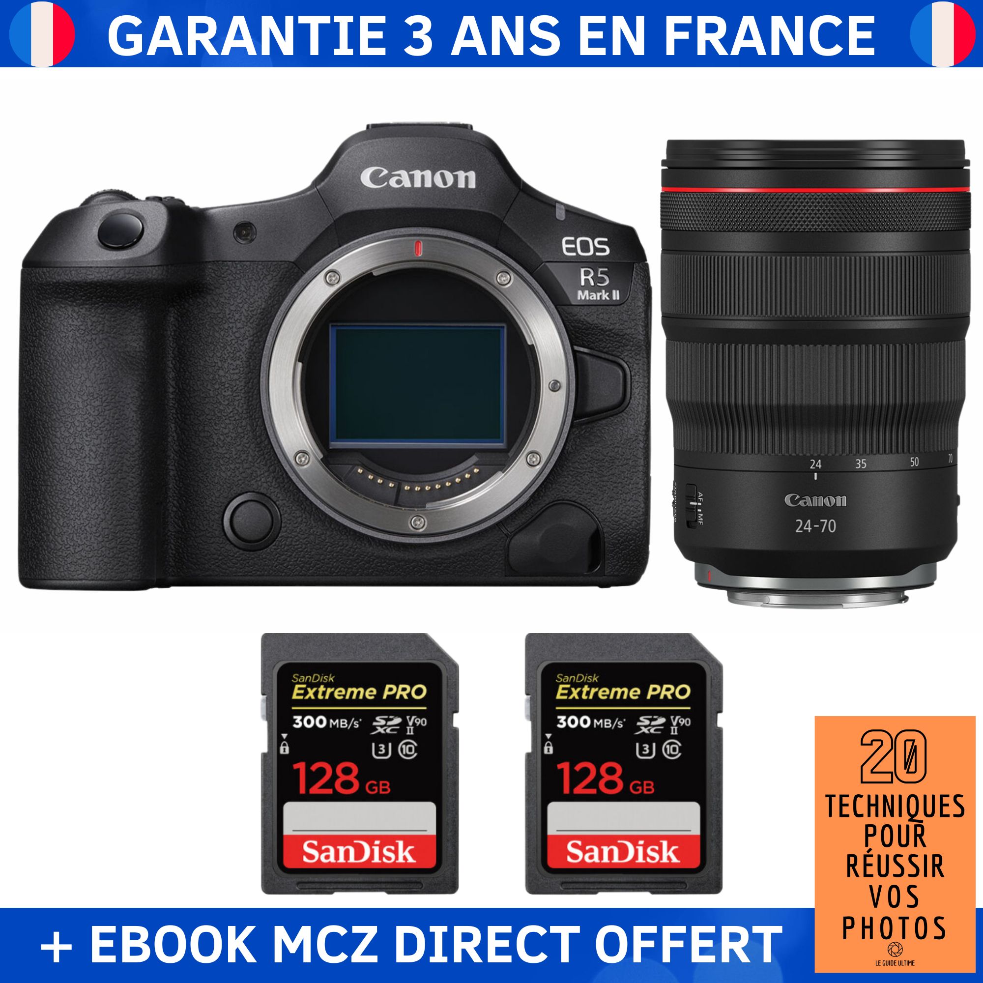 Canon EOS R5 Mark II + RF 24-70mm f/2.8 L IS USM + 2 SanDisk 128GB Extreme PRO UHS-II SDXC 300 MB/s + Ebook '20 Techniques pour Réussir vos Photos' - Hybrid Camera