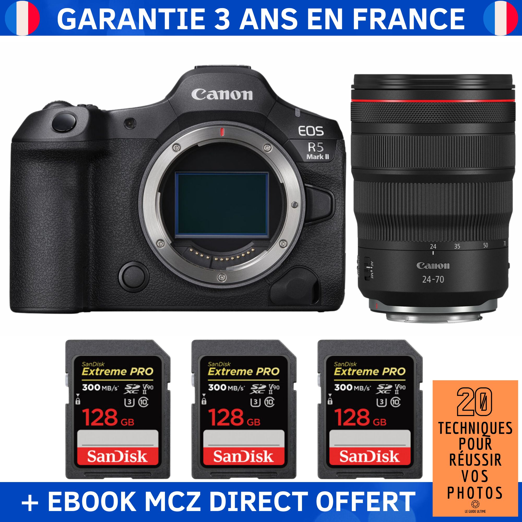 Canon EOS R5 Mark II + RF 24-70mm f/2.8 L IS USM + 3 SanDisk 128GB Extreme PRO UHS-II SDXC 300 MB/s + Ebook '20 Techniques pour Réussir vos Photos' - Hybrid Camera