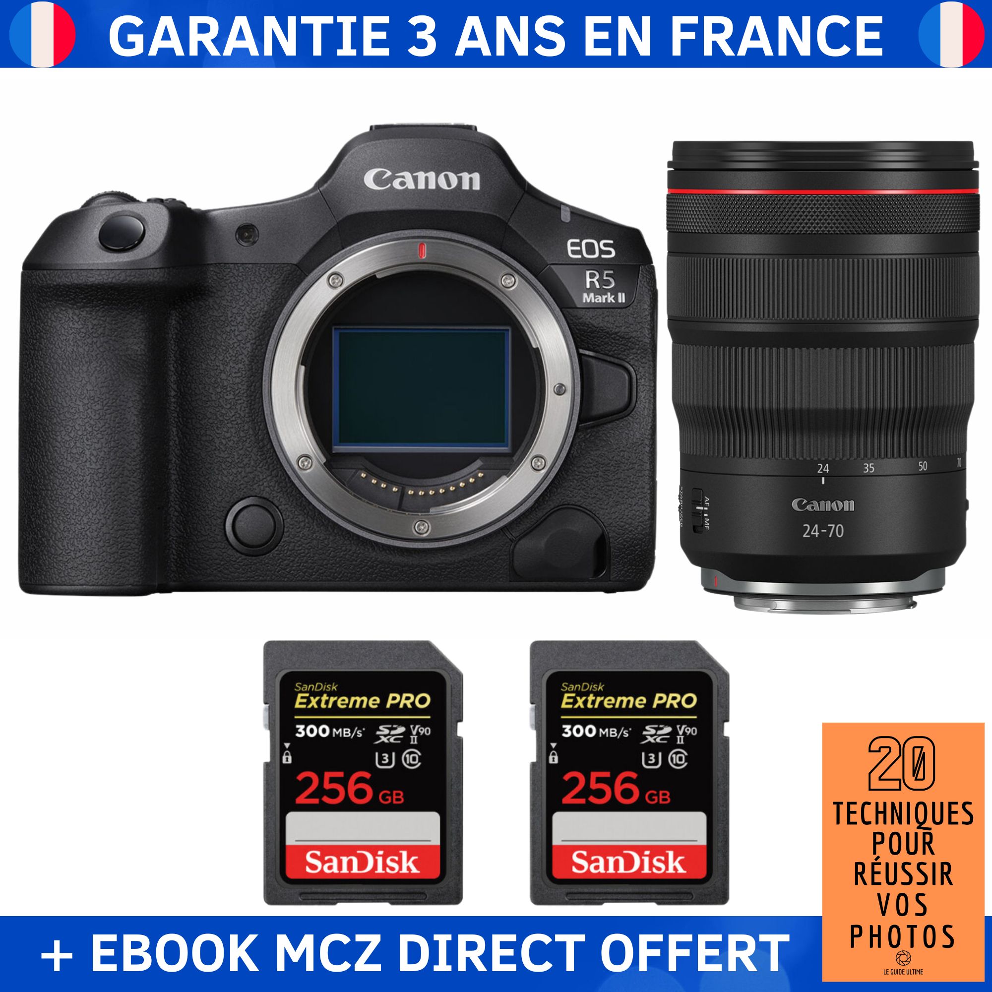 Canon EOS R5 Mark II + RF 24-70mm f/2.8 L IS USM Lens + 2x 256GB SanDisk Extreme PRO UHS-II SDXC Cards + '20 Techniques for Successful Photos' Ebook - Hybrid Camera