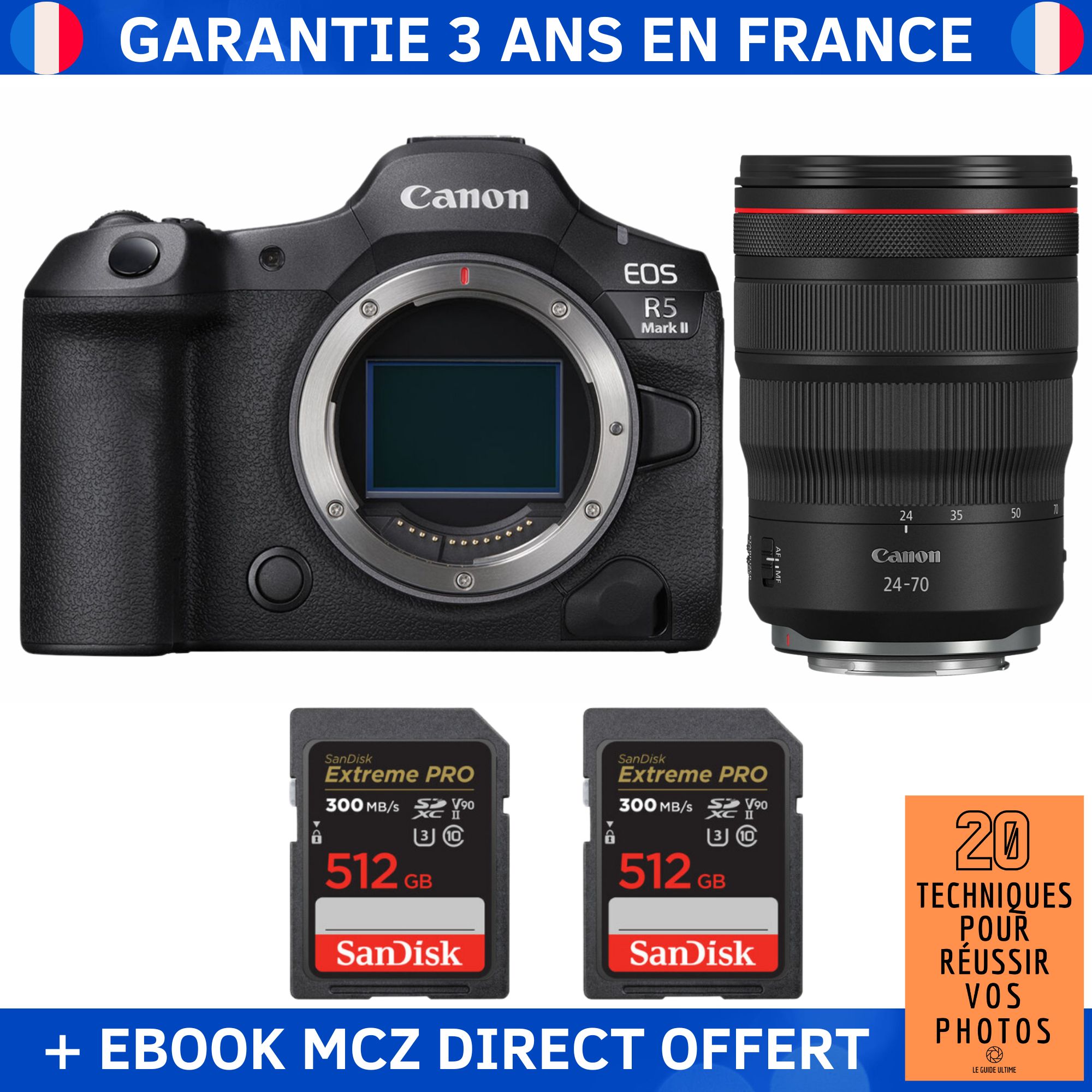 Canon EOS R5 Mark II + RF 24-70mm f/2.8 L IS USM Lens + 2x 512GB SanDisk Extreme PRO UHS-II SDXC Cards + '20 Techniques for Successful Photos' Ebook - Hybrid Camera