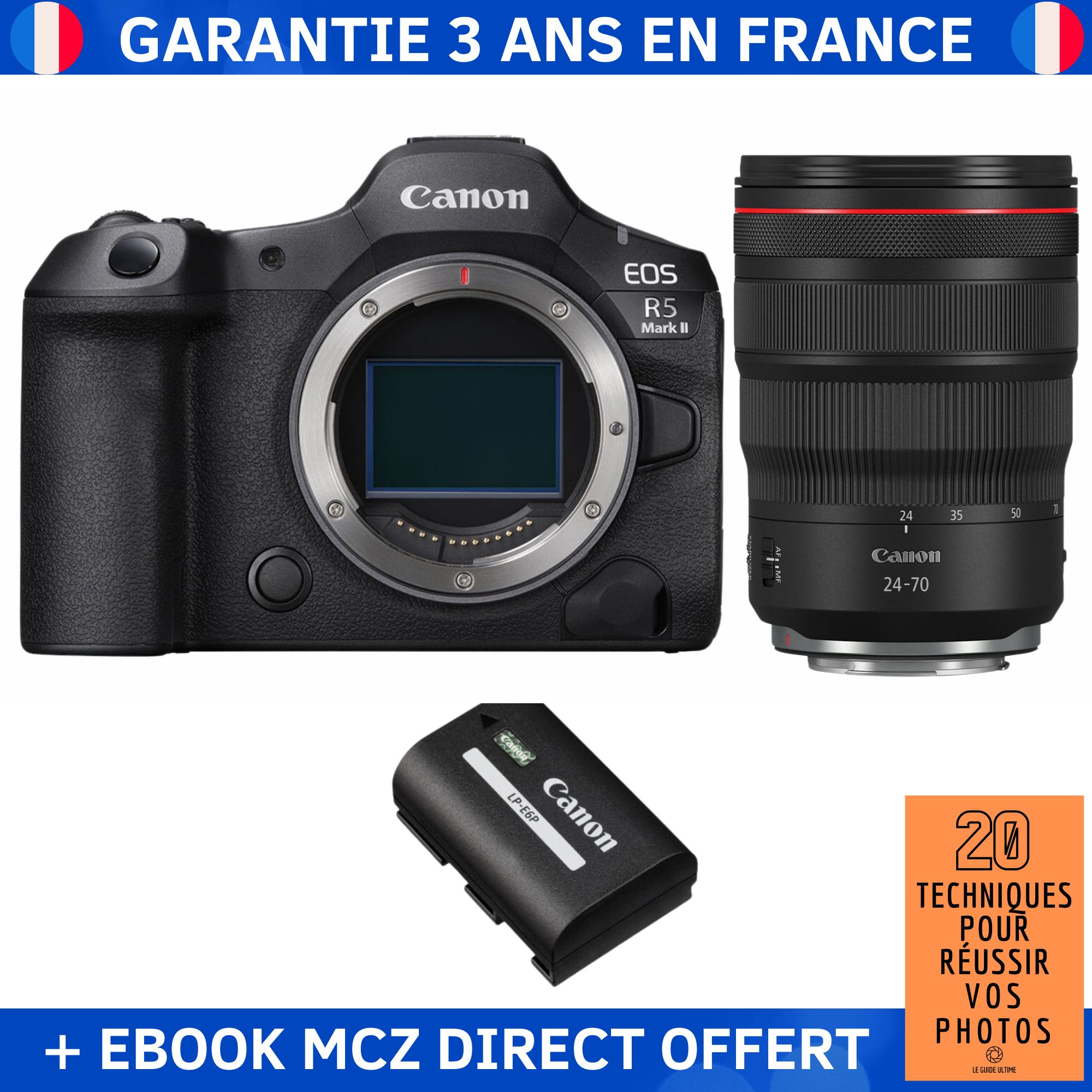 Canon EOS R5 Mark II + RF 24-70mm f/2.8 L IS USM + Canon LP-E6P Battery + '20 Techniques for Success in Photography' Ebook - Hybrid Camera