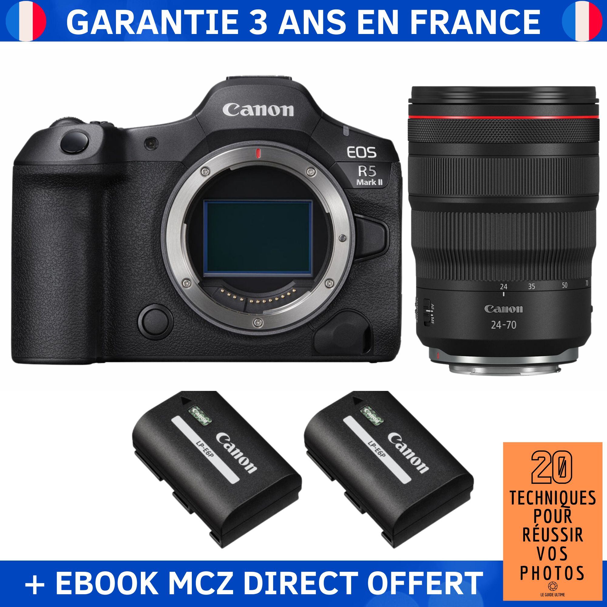 Canon EOS R5 Mark II + RF 24-70mm f/2.8 L IS USM + 2 Canon LP-E6P + Ebook '20 Techniques pour Réussir vos Photos' - Hybrid Camera