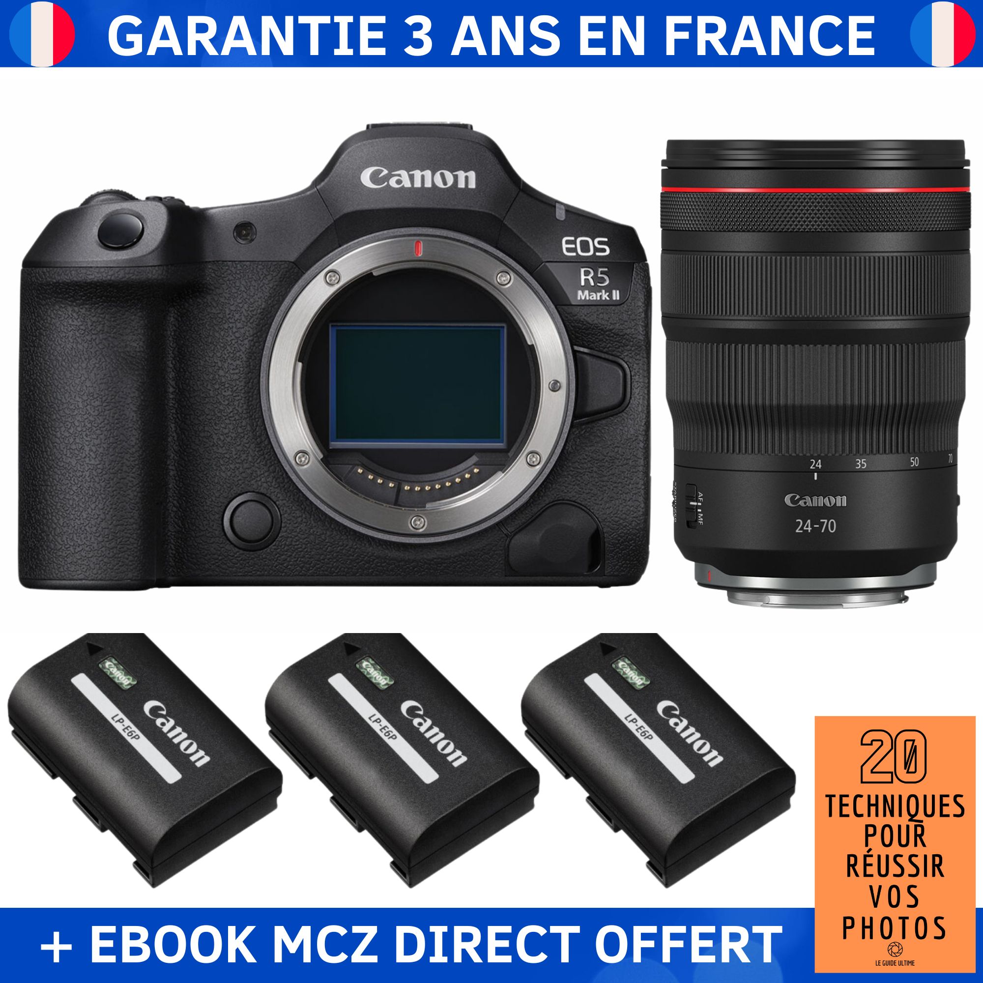 Canon EOS R5 Mark II + RF 24-70mm f/2.8 L IS USM + 3 Canon LP-E6P + Ebook '20 Techniques pour Réussir vos Photos' - Hybrid Camera