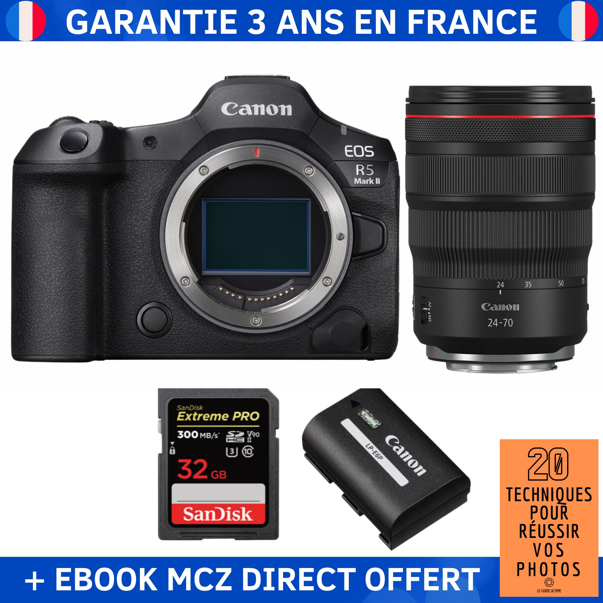 Canon EOS R5 Mark II + RF 24-70mm f/2.8 L IS USM + 1 SanDisk 32GB Extreme PRO UHS-II SDXC 300MB/s + 1 Canon LP-E6P + Ebook '20 Techniques pour Réussir vos Photos' - Hybrid Camera